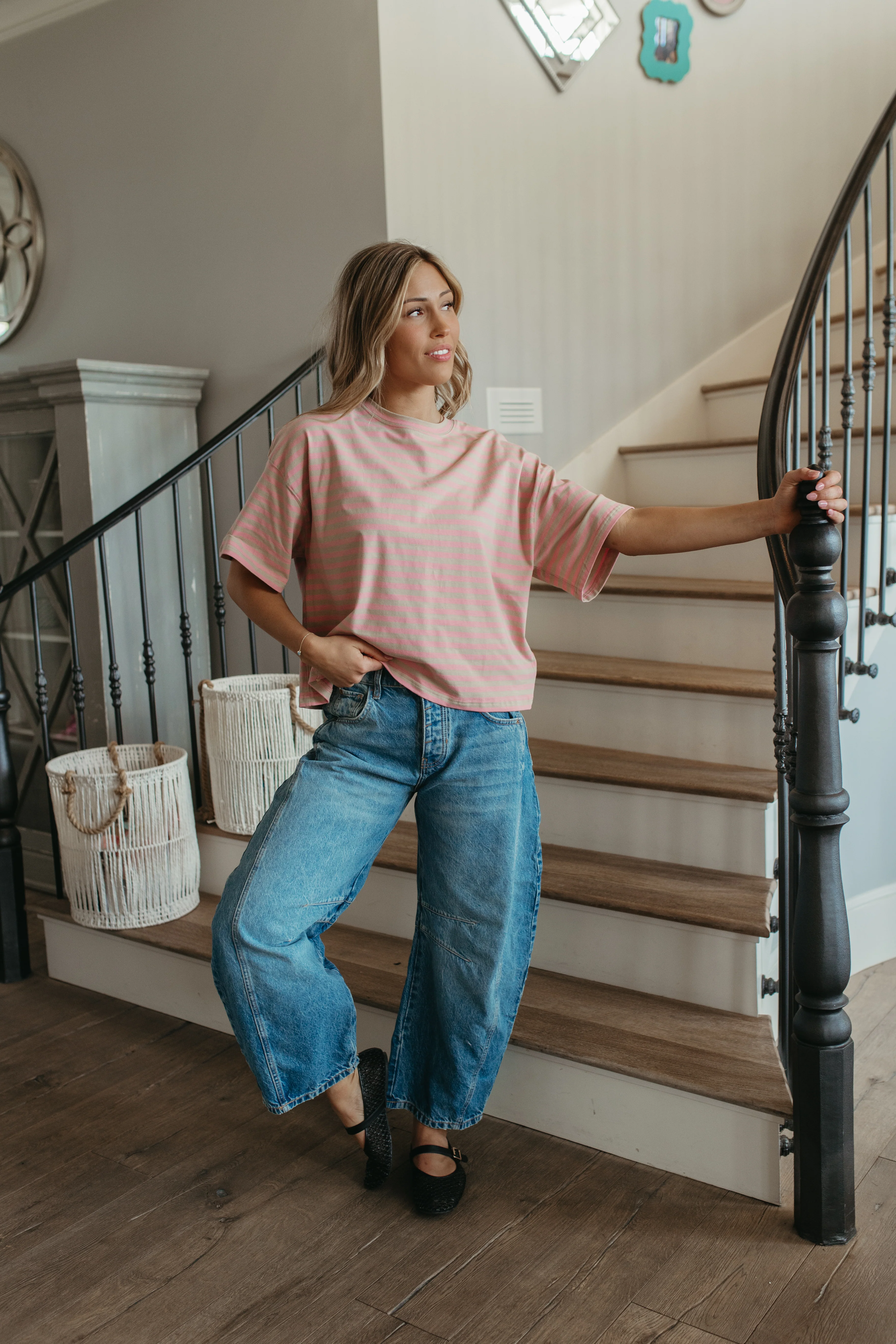 THE EVELYN OVERSIZED STRIPE TEE IN OAT/PINK - Image 2