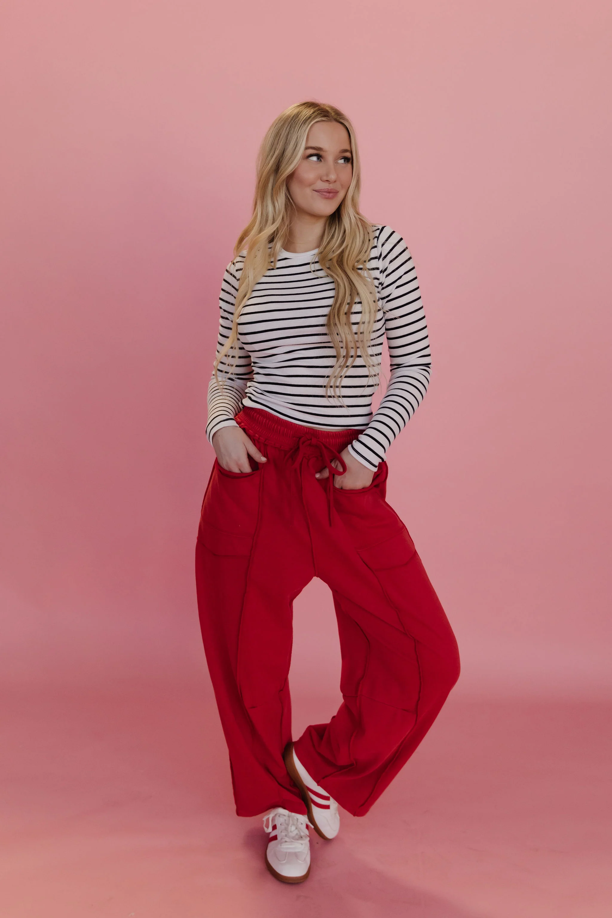 THE GAIA BARREL KNIT UTILITY PANTS IN RED