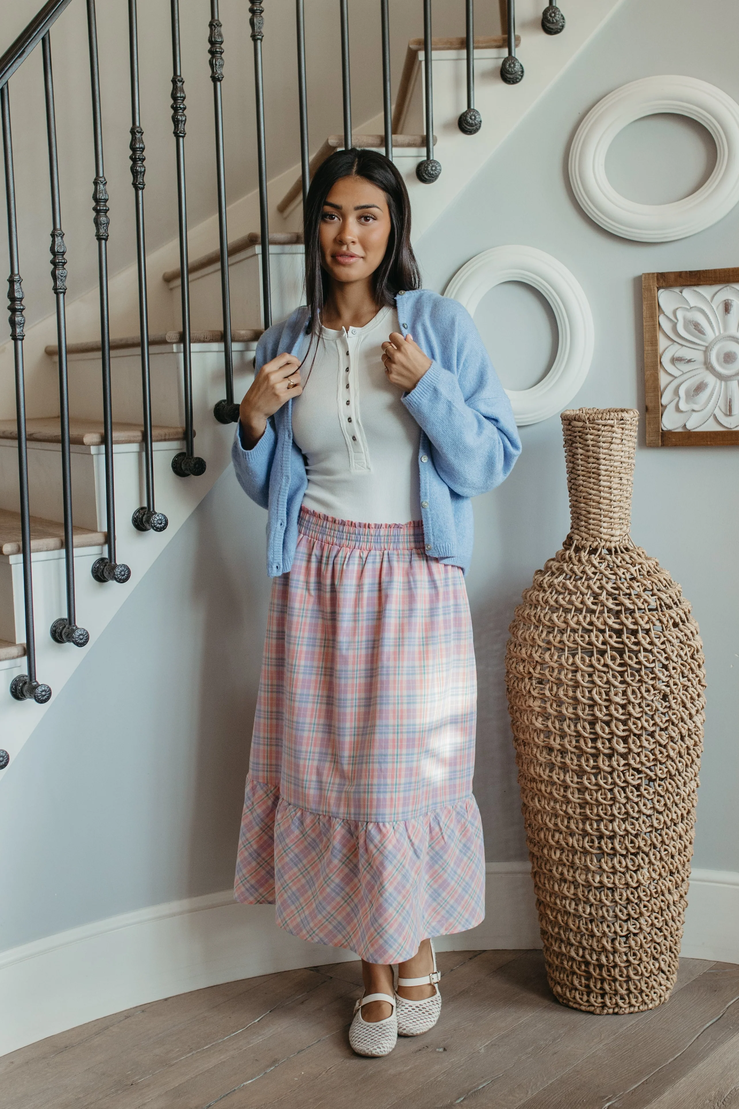 THE GIANNA GINGHAM MIDI SKIRT IN CORAL