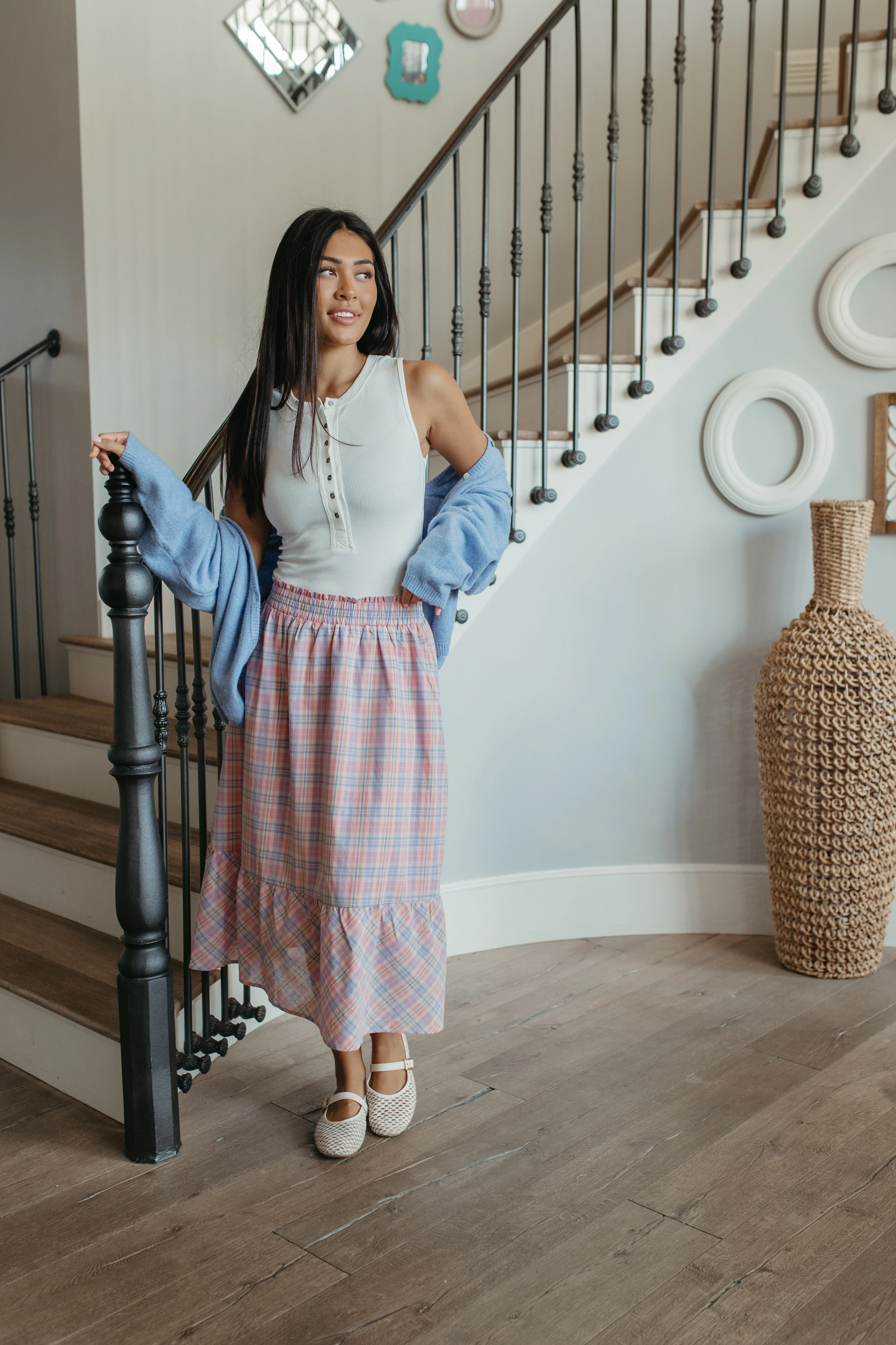 THE GIANNA GINGHAM MIDI SKIRT IN CORAL - Image 4