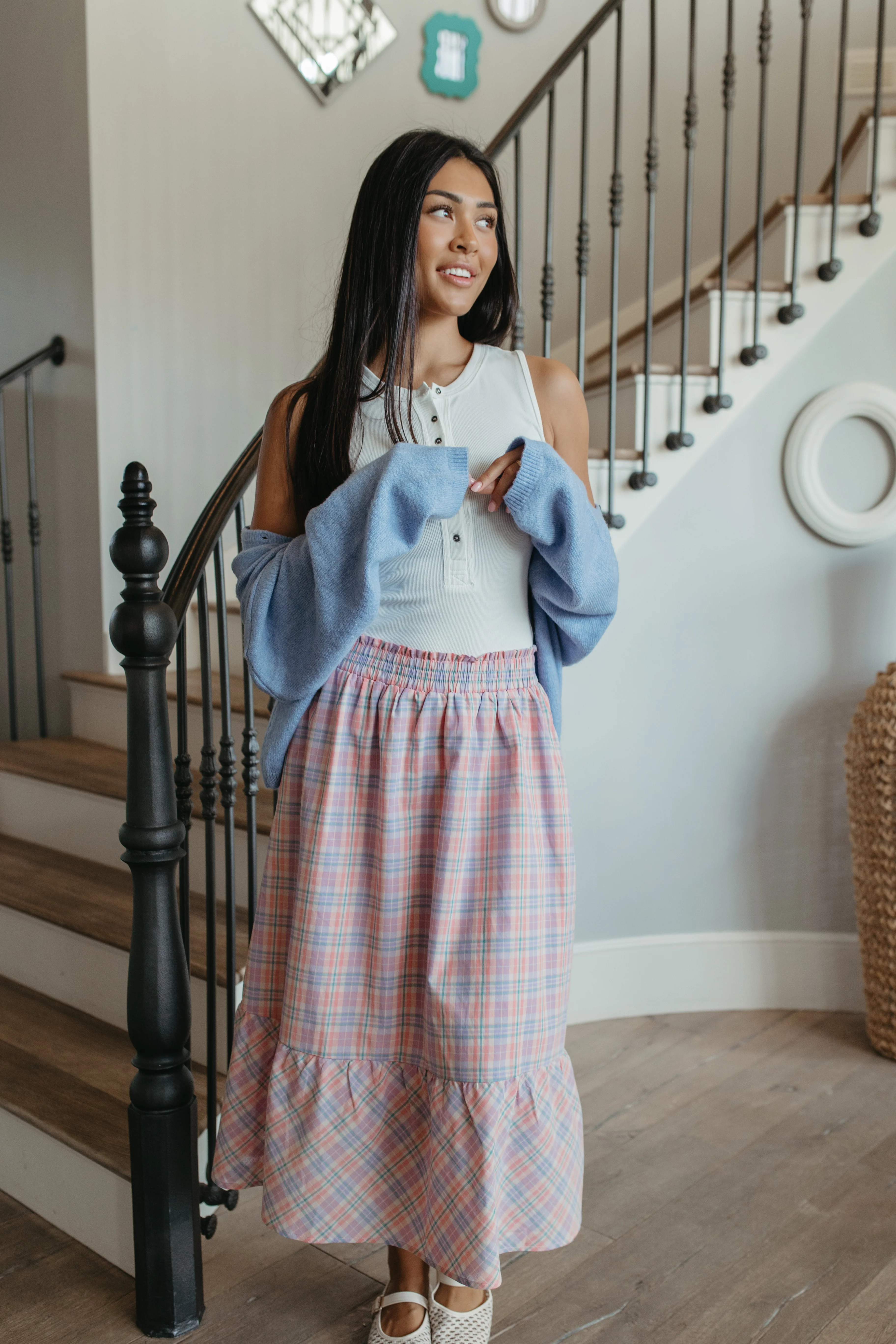 THE GIANNA GINGHAM MIDI SKIRT IN CORAL - Image 5
