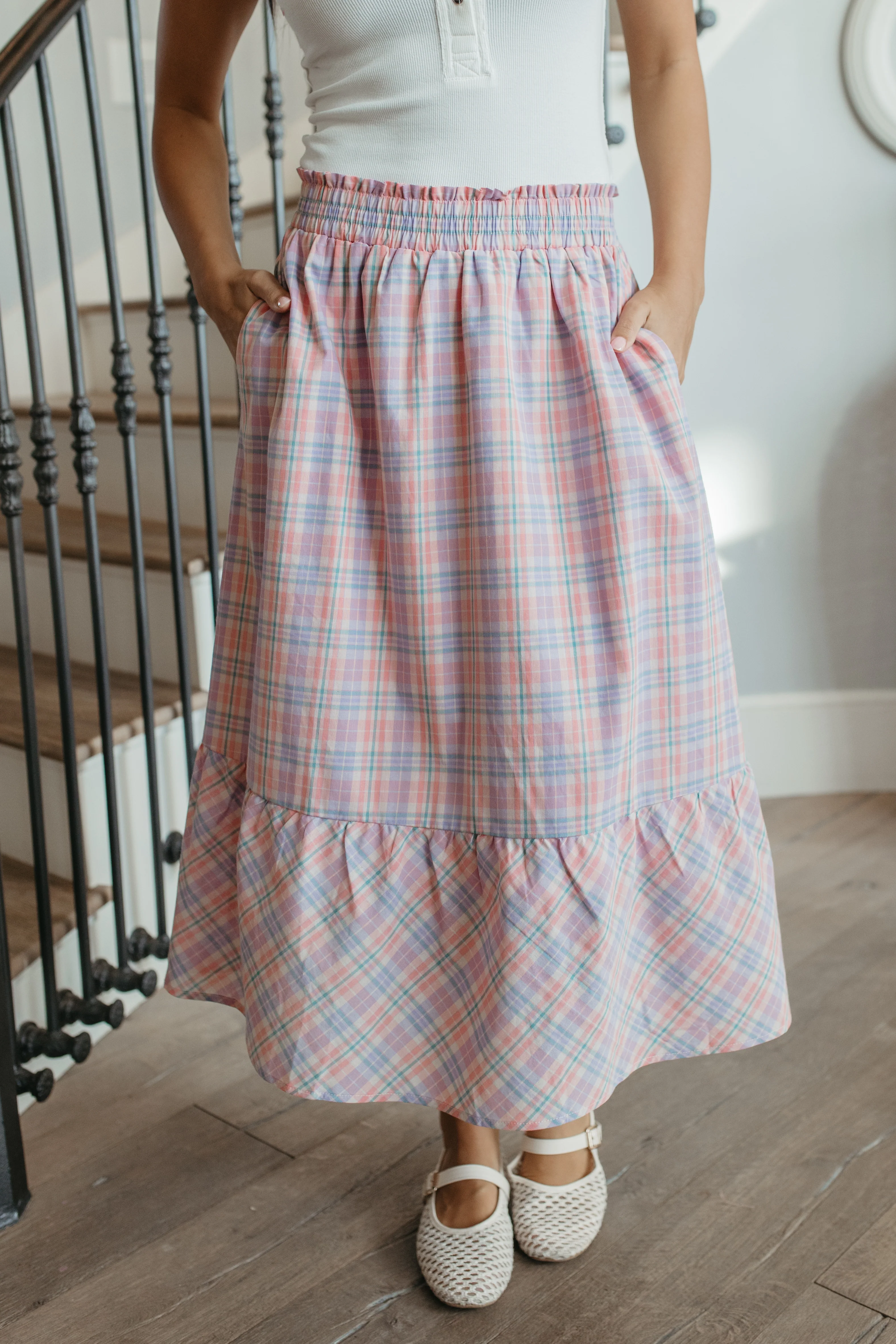 THE GIANNA GINGHAM MIDI SKIRT IN CORAL - Image 6