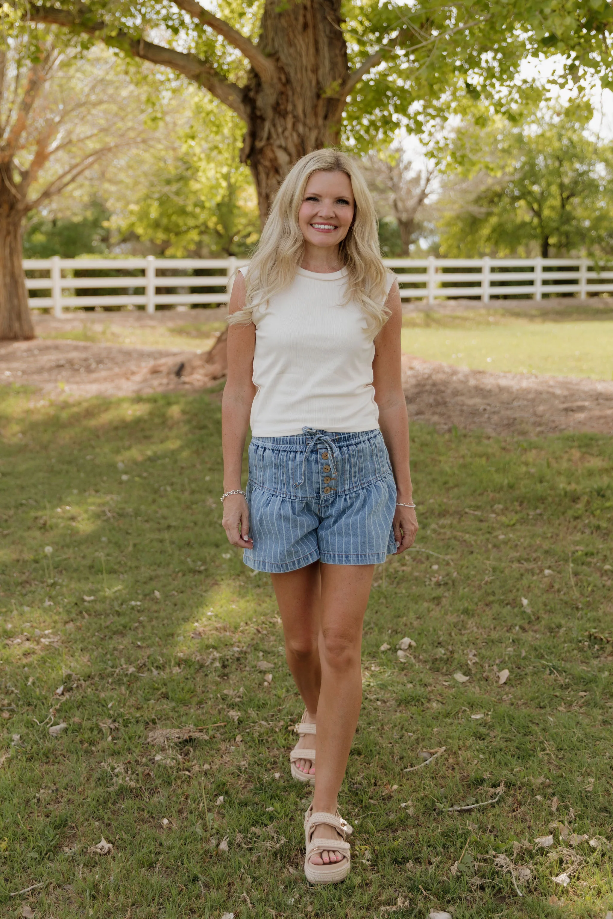 THE GRACE STRIPE FLARED DENIM SHORTS - Image 4
