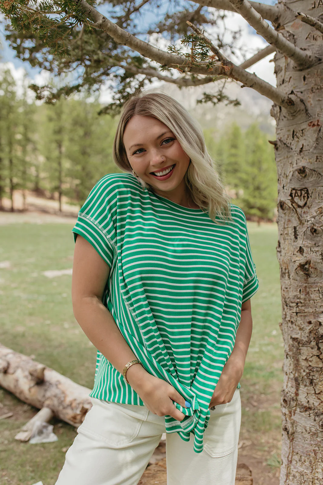 THE HAVEN STRIPED WAFFLE SHIRT IN GREEN