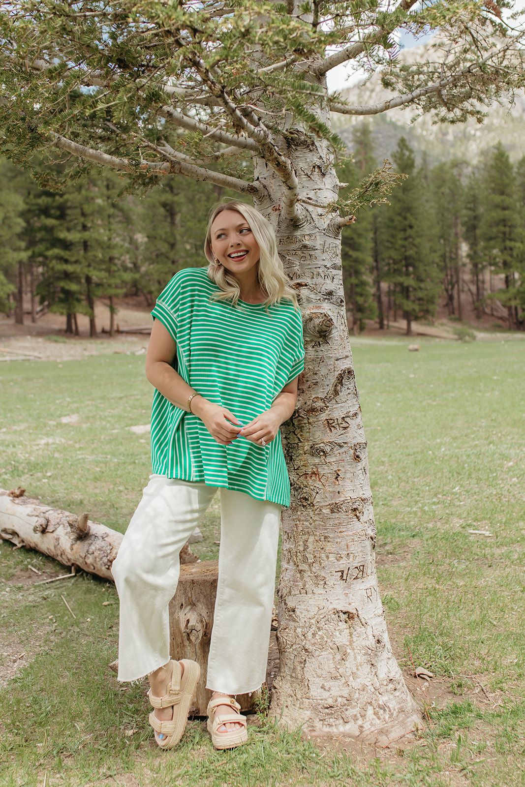 THE HAVEN STRIPED WAFFLE SHIRT IN GREEN - Image 2