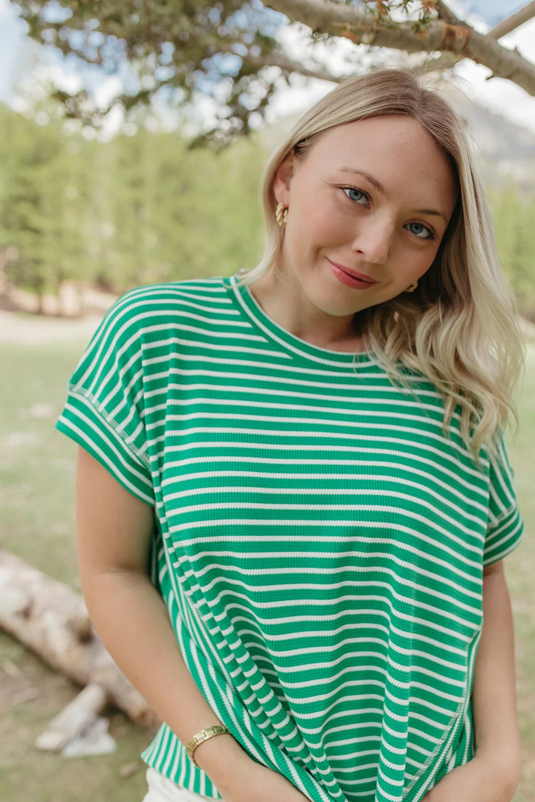THE HAVEN STRIPED WAFFLE SHIRT IN GREEN - Image 3