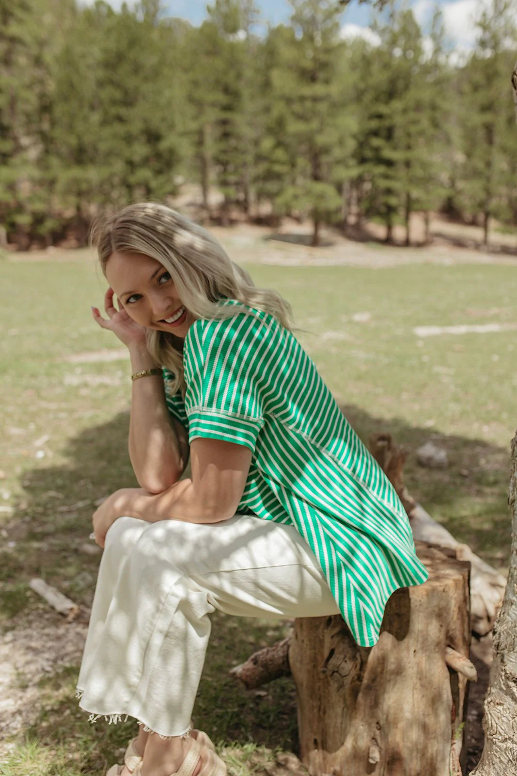 THE HAVEN STRIPED WAFFLE SHIRT IN GREEN - Image 4