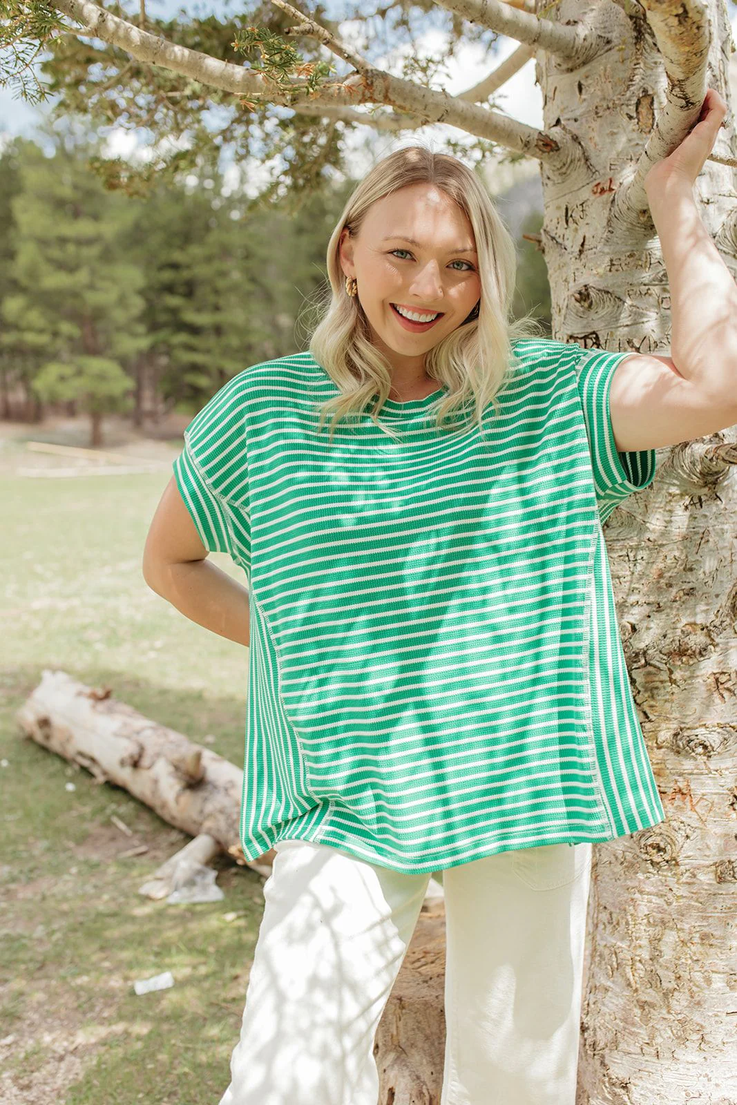 THE HAVEN STRIPED WAFFLE SHIRT IN GREEN - Image 5