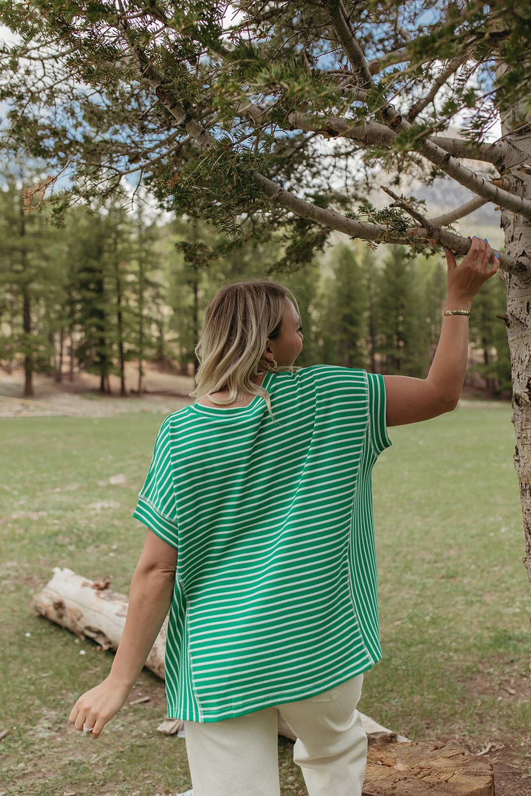 THE HAVEN STRIPED WAFFLE SHIRT IN GREEN - Image 7