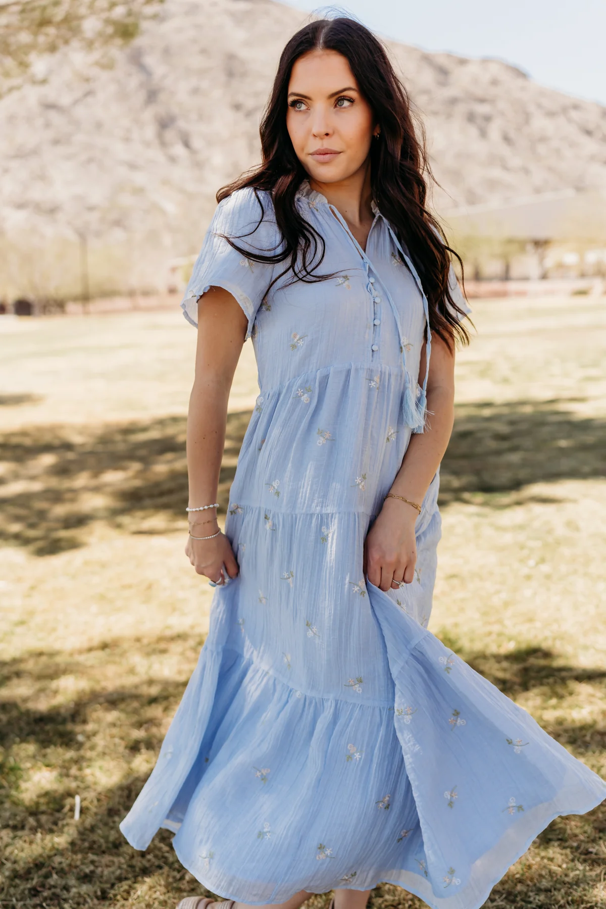 THE JULIANN FLORAL EMBROIDERED DRESS IN BLUE - Image 4