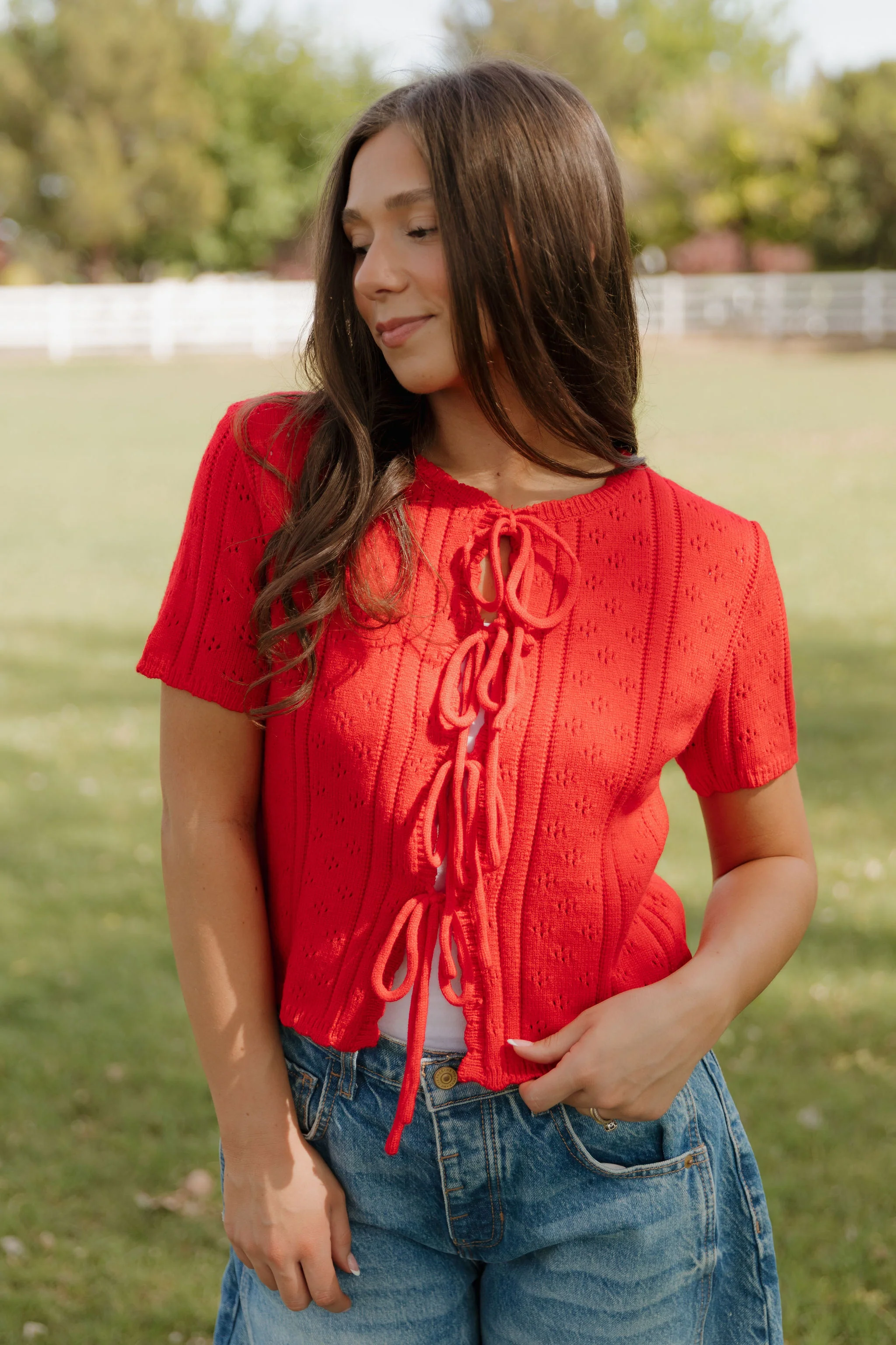 THE KAILEY TIE-FRONT KNIT TOP IN RED - Image 2