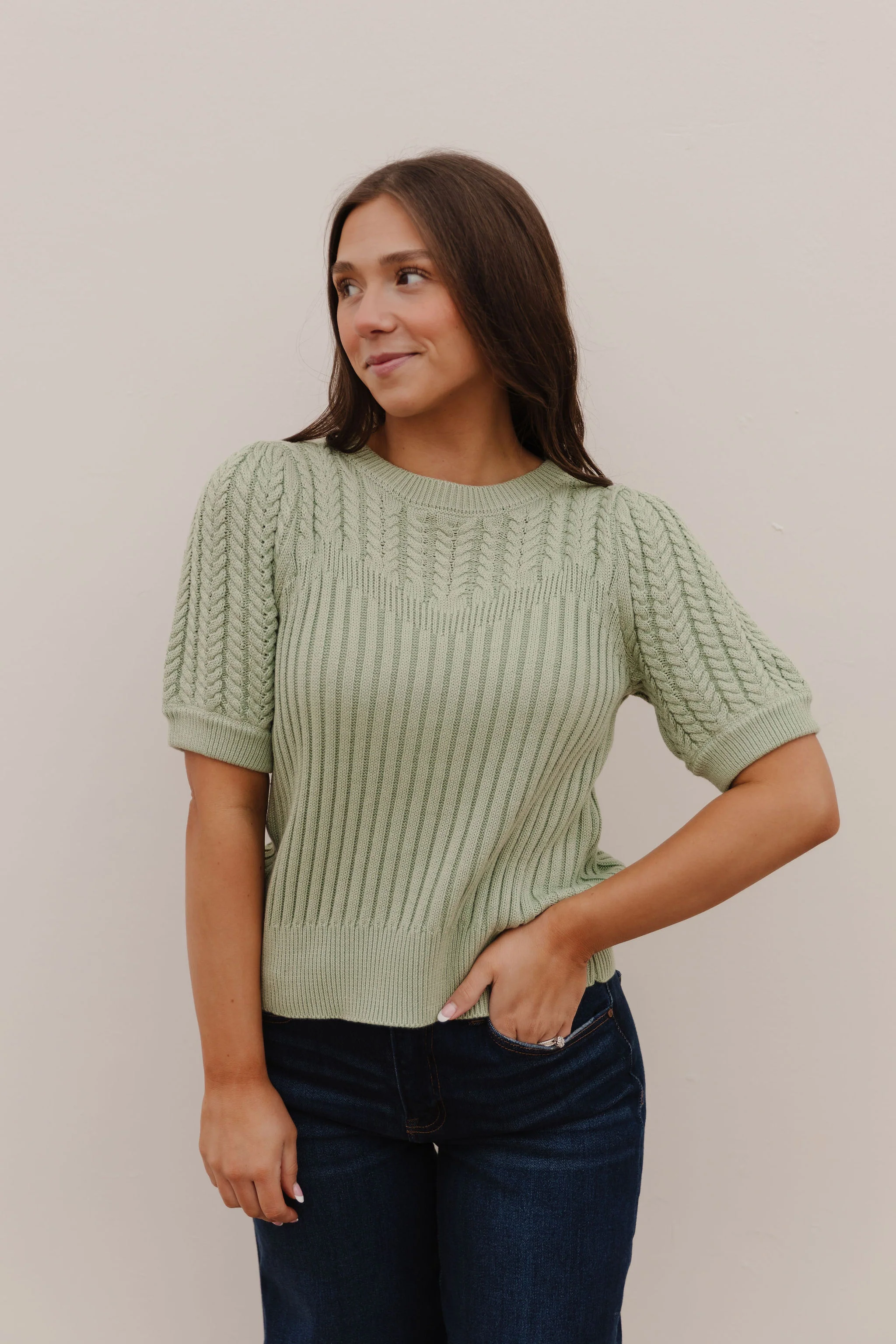 THE KASSIDY PUFF SLEEVE SWEATER IN SAGE - Image 4