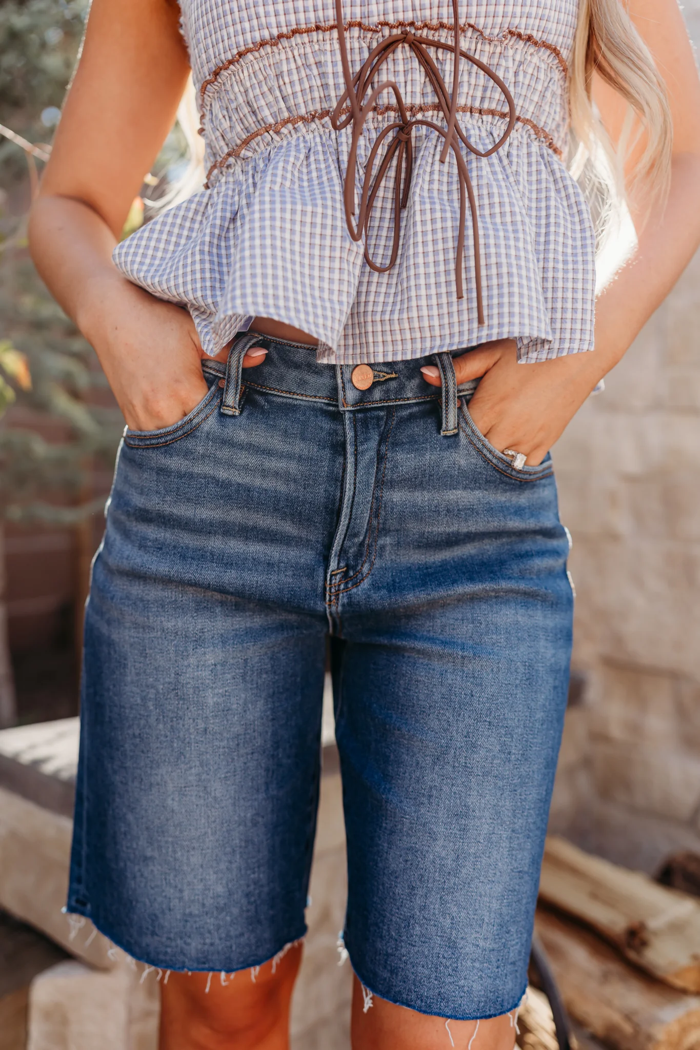 THE KHLOE HIGH RISE BERMUDA SHORTS IN DARK DENIM