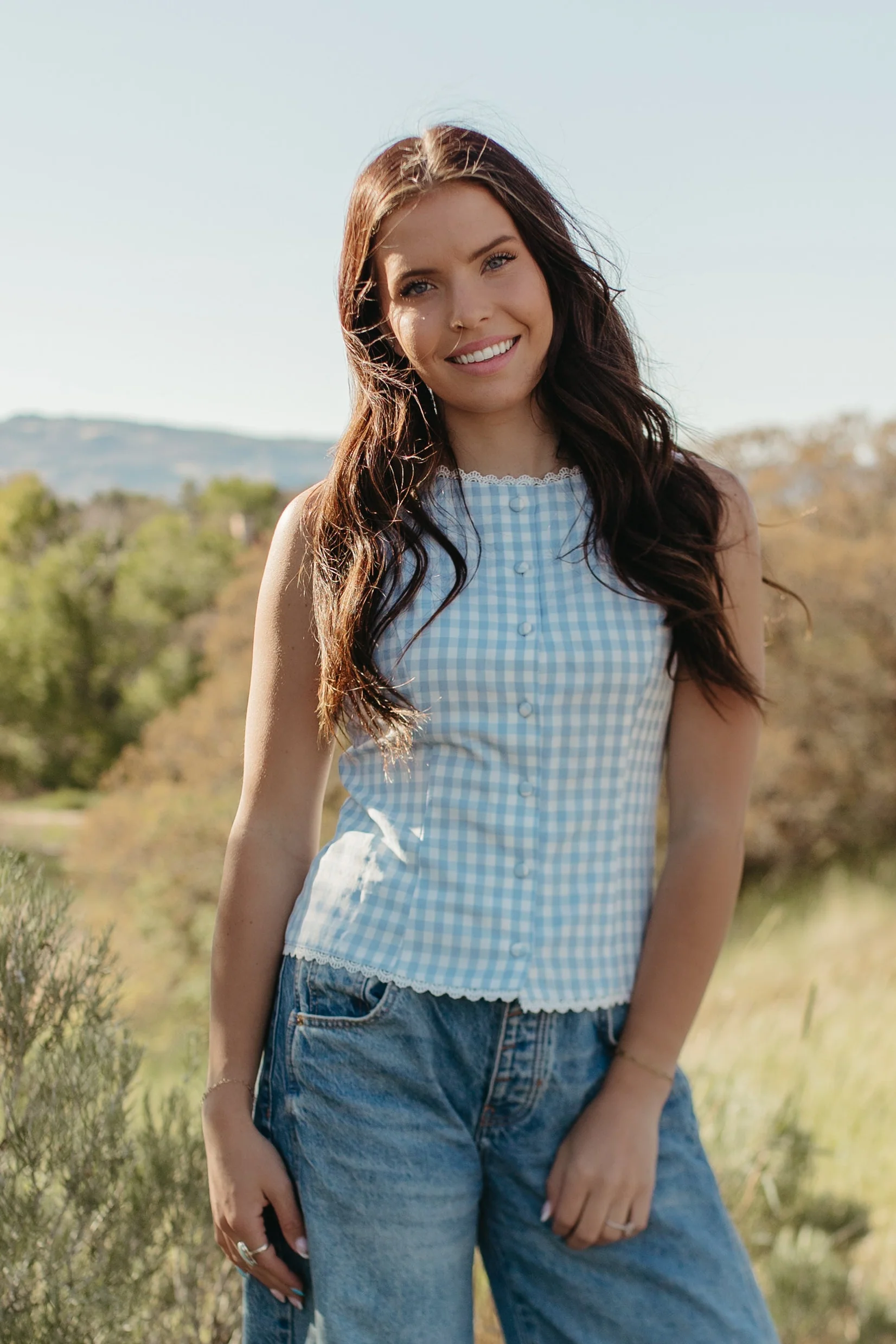 THE LAUREL GINGHAM VEST TOP IN BLUE