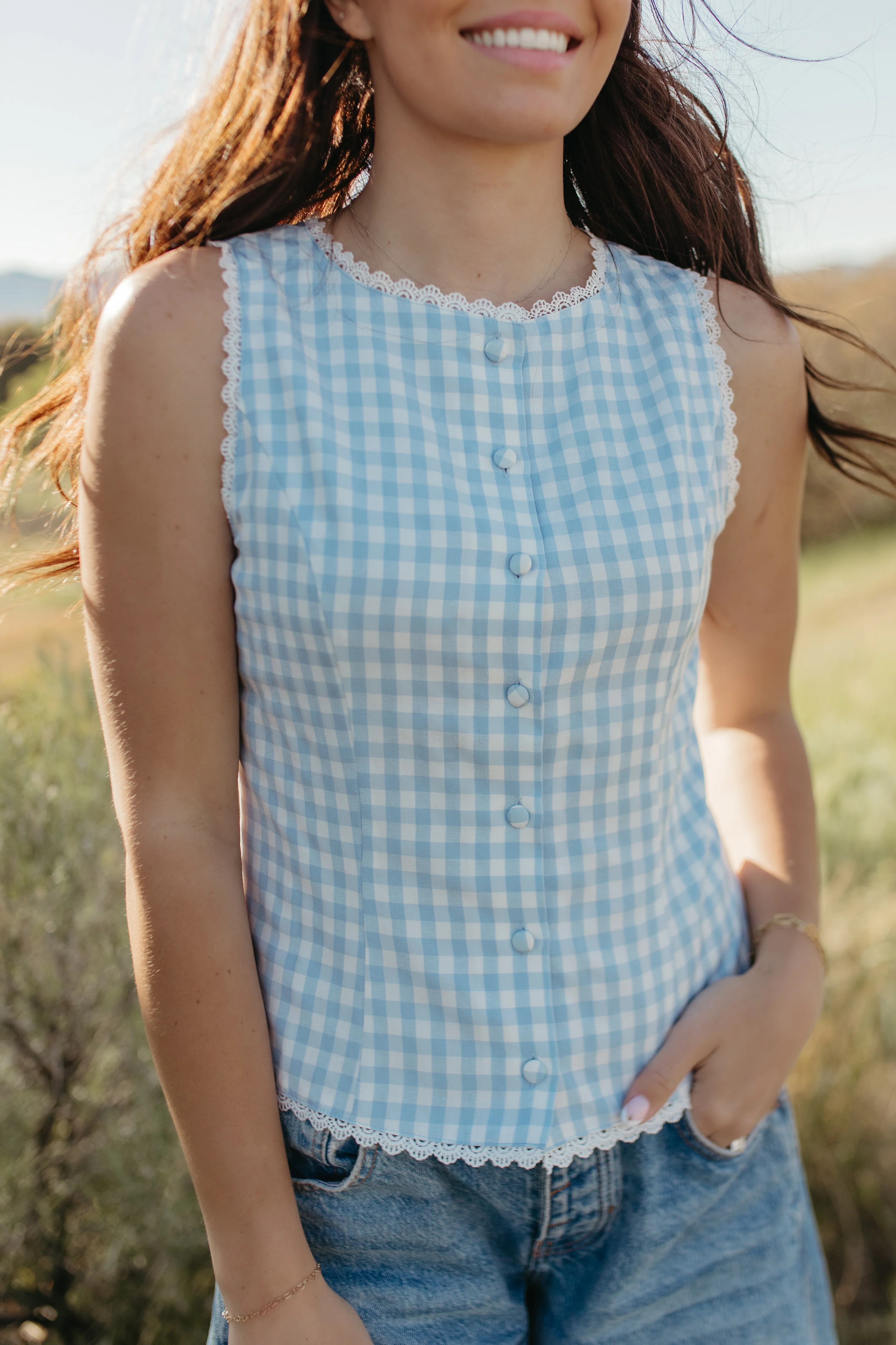 THE LAUREL GINGHAM VEST TOP IN BLUE - Image 4