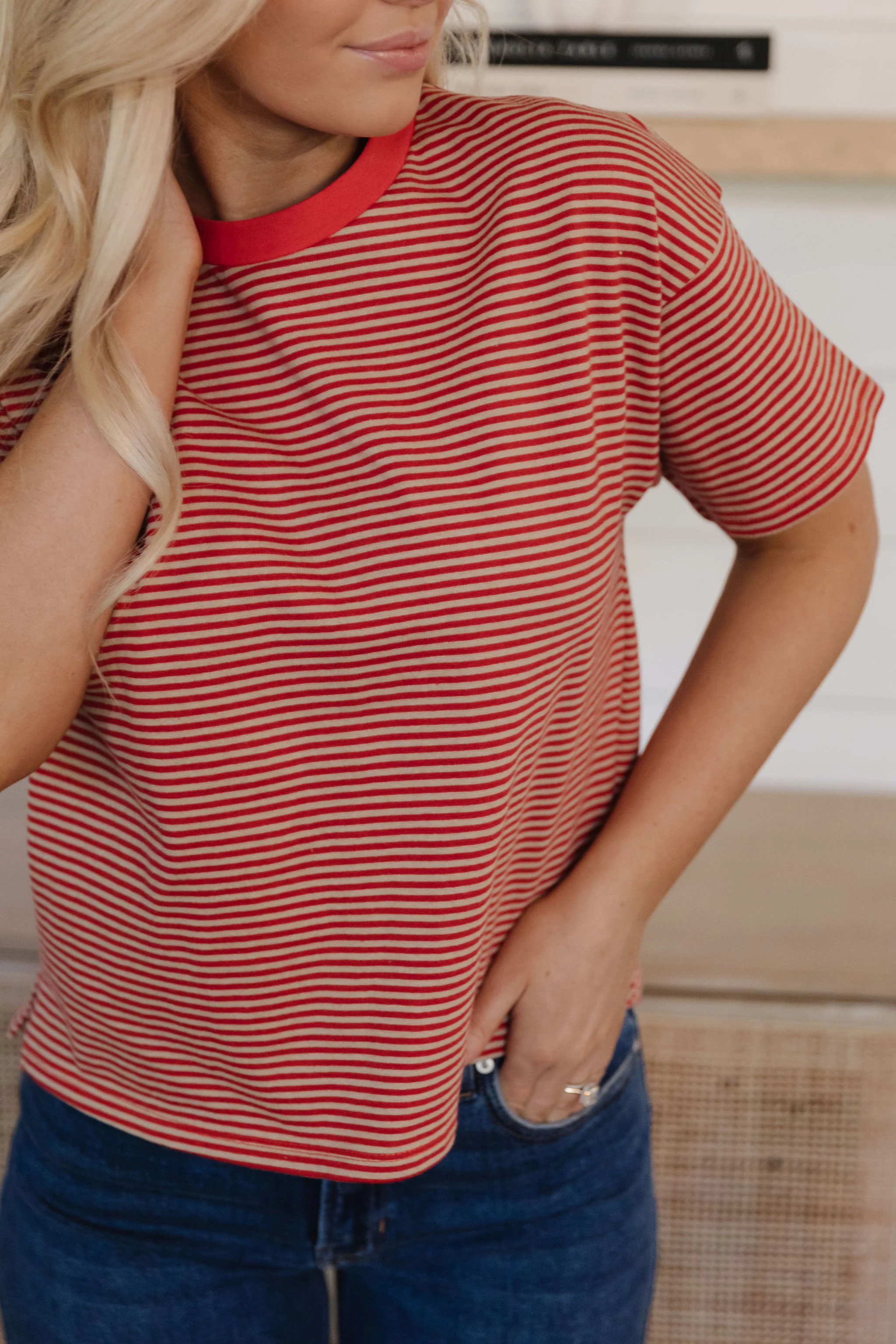 THE LILLIAN STRIPE SHORT SLEEVE SHIRT IN RED