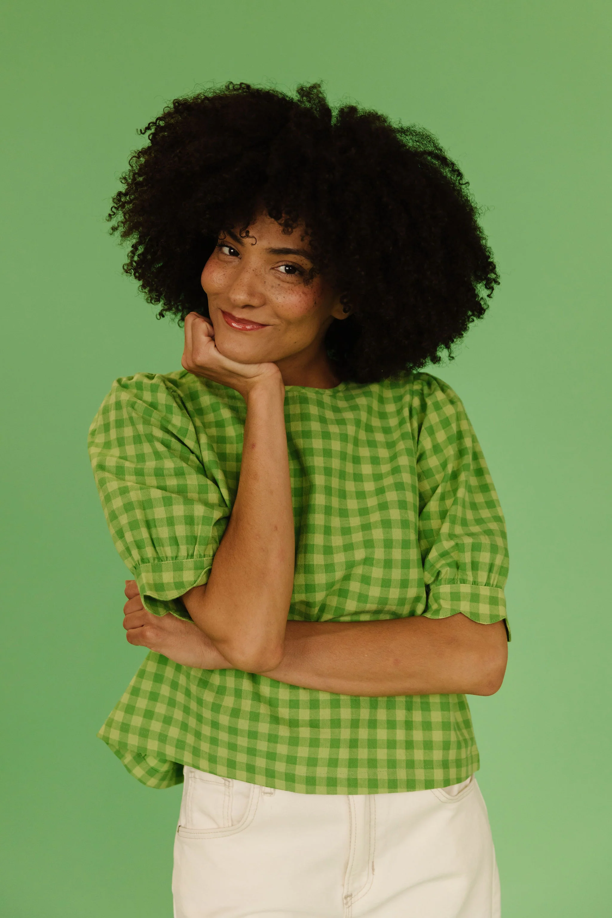 THE LOLA PLAID SCALLOP SLEEVE BLOUSE IN MATCHA - Image 10