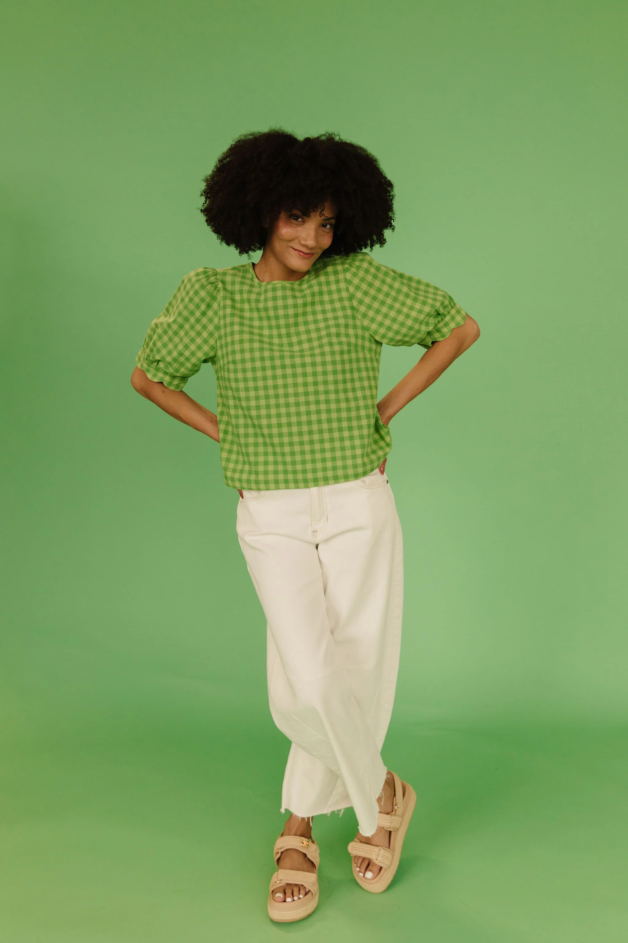 THE LOLA PLAID SCALLOP SLEEVE BLOUSE IN MATCHA - Image 11
