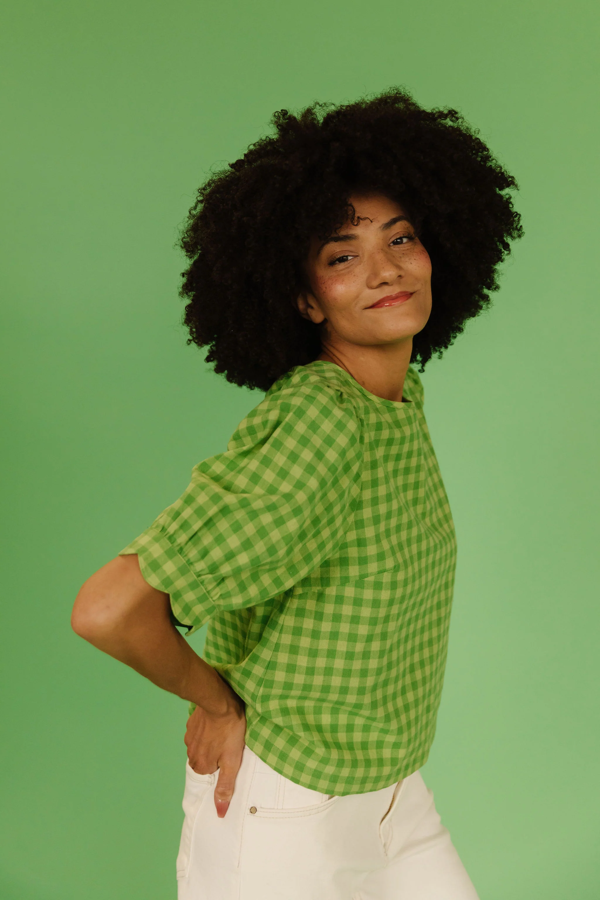 THE LOLA PLAID SCALLOP SLEEVE BLOUSE IN MATCHA - Image 2