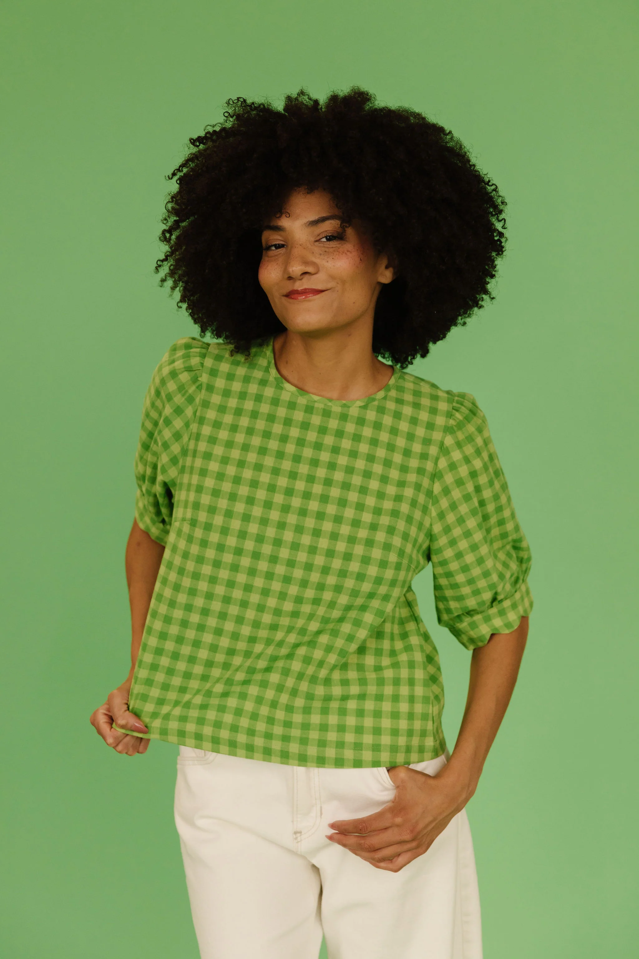 THE LOLA PLAID SCALLOP SLEEVE BLOUSE IN MATCHA - Image 3