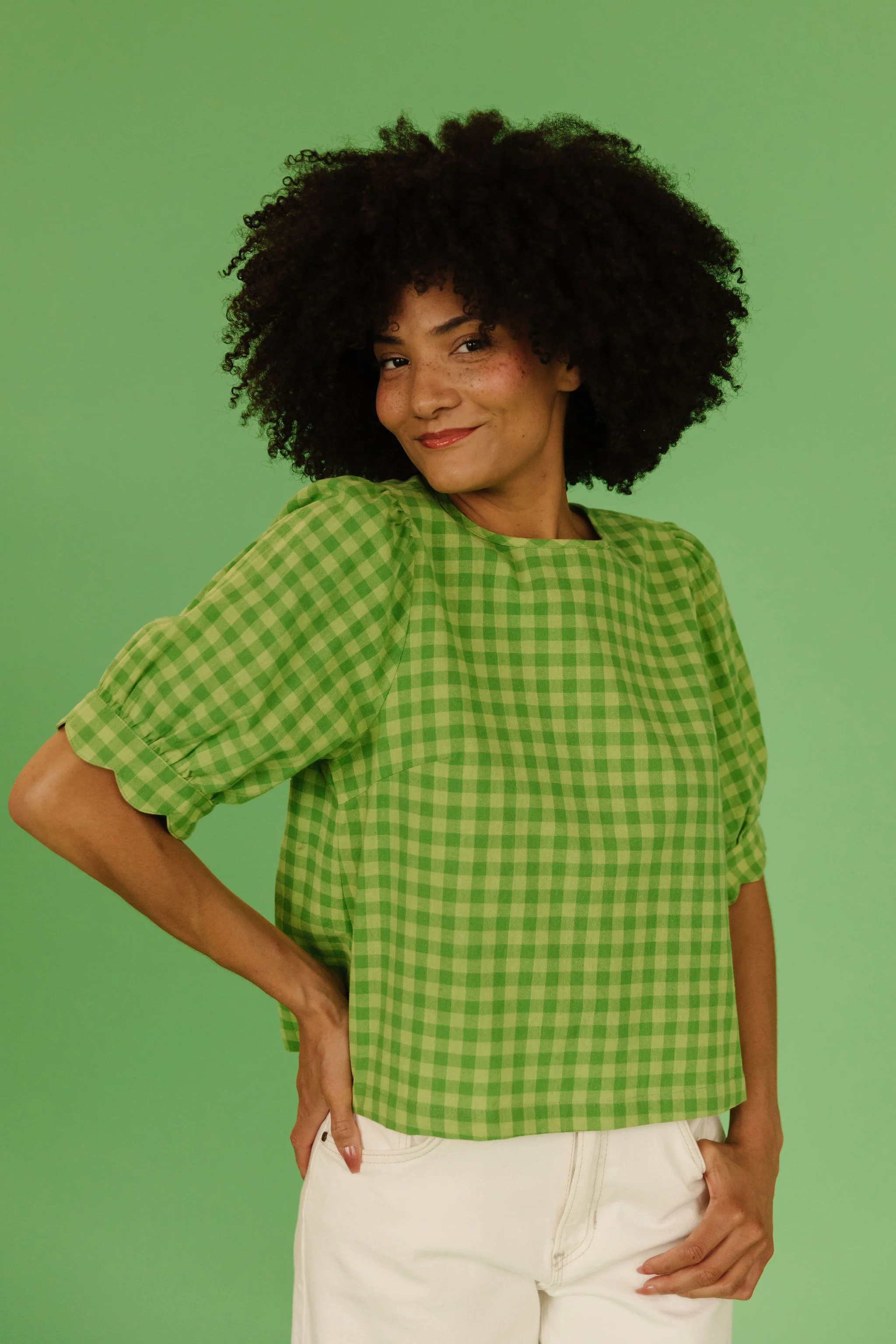 THE LOLA PLAID SCALLOP SLEEVE BLOUSE IN MATCHA - Image 4