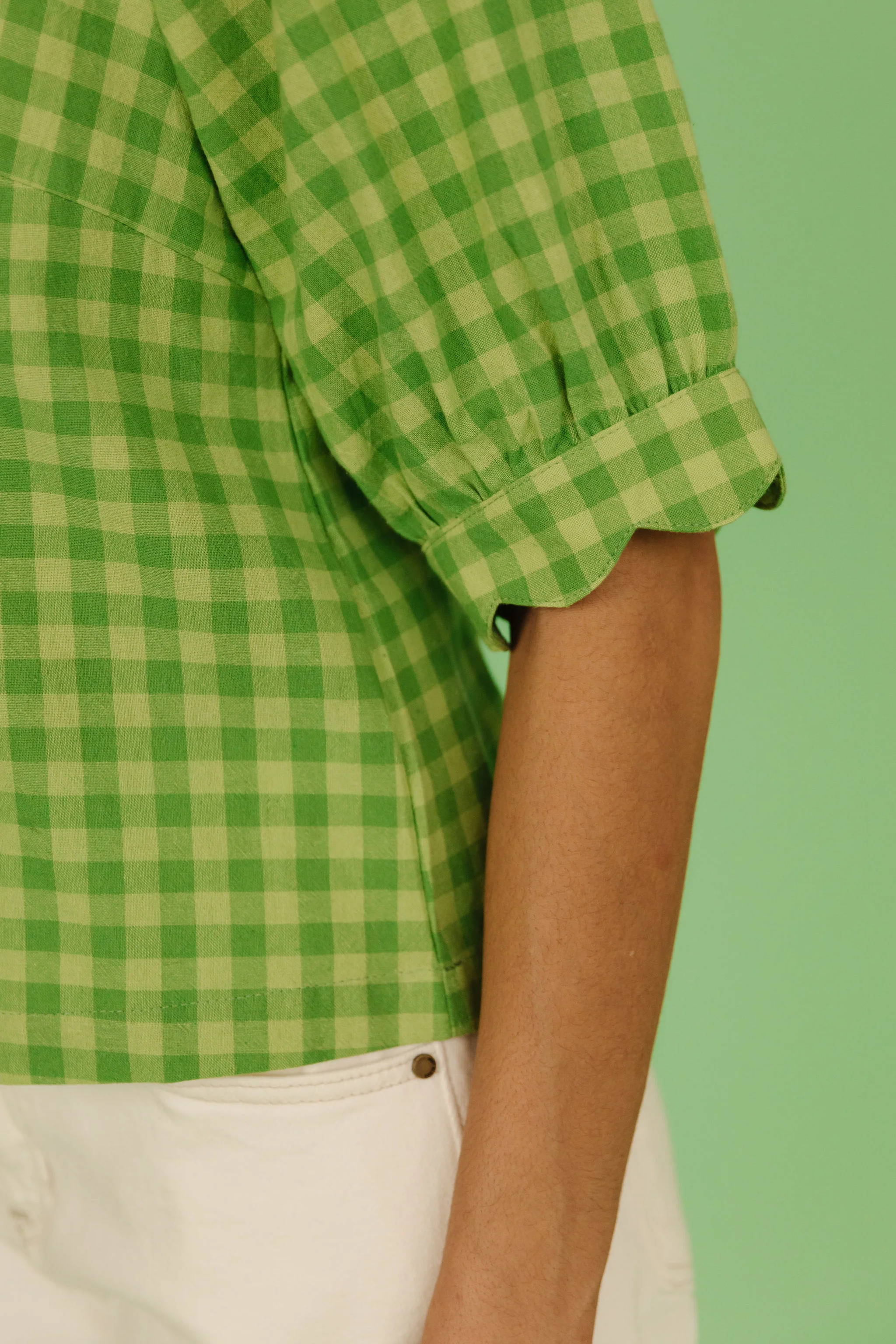THE LOLA PLAID SCALLOP SLEEVE BLOUSE IN MATCHA - Image 5