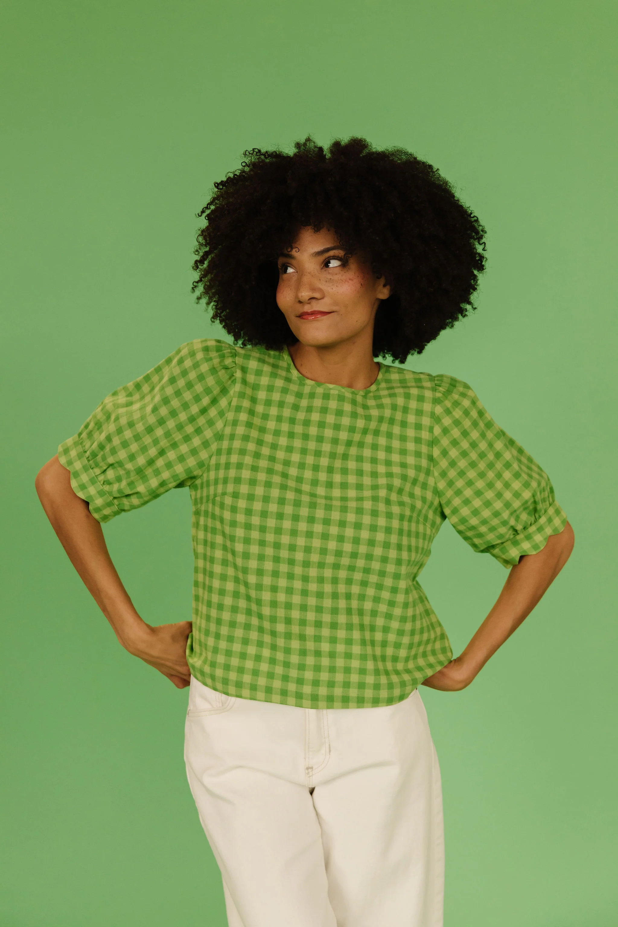 THE LOLA PLAID SCALLOP SLEEVE BLOUSE IN MATCHA - Image 6
