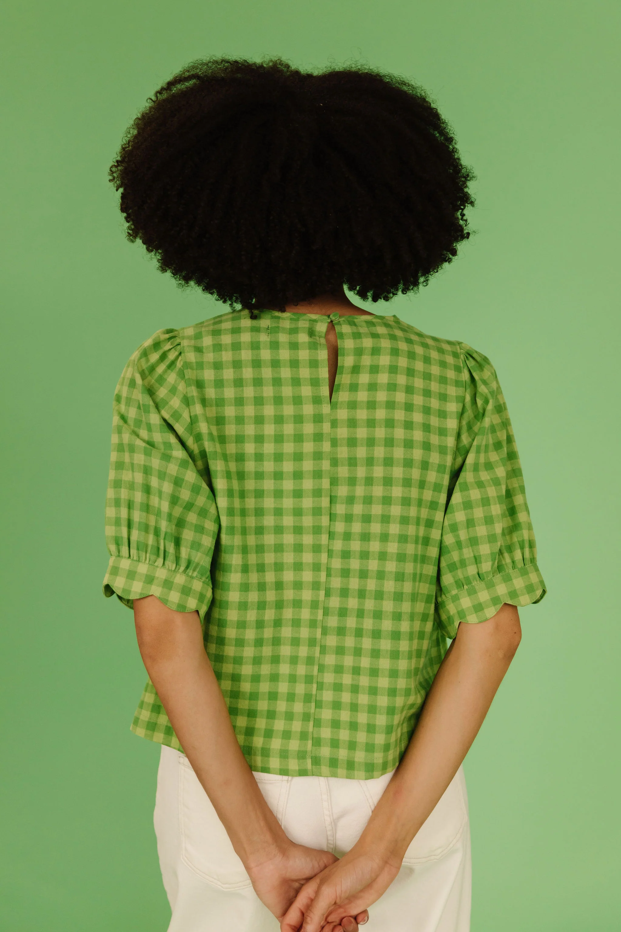 THE LOLA PLAID SCALLOP SLEEVE BLOUSE IN MATCHA - Image 7