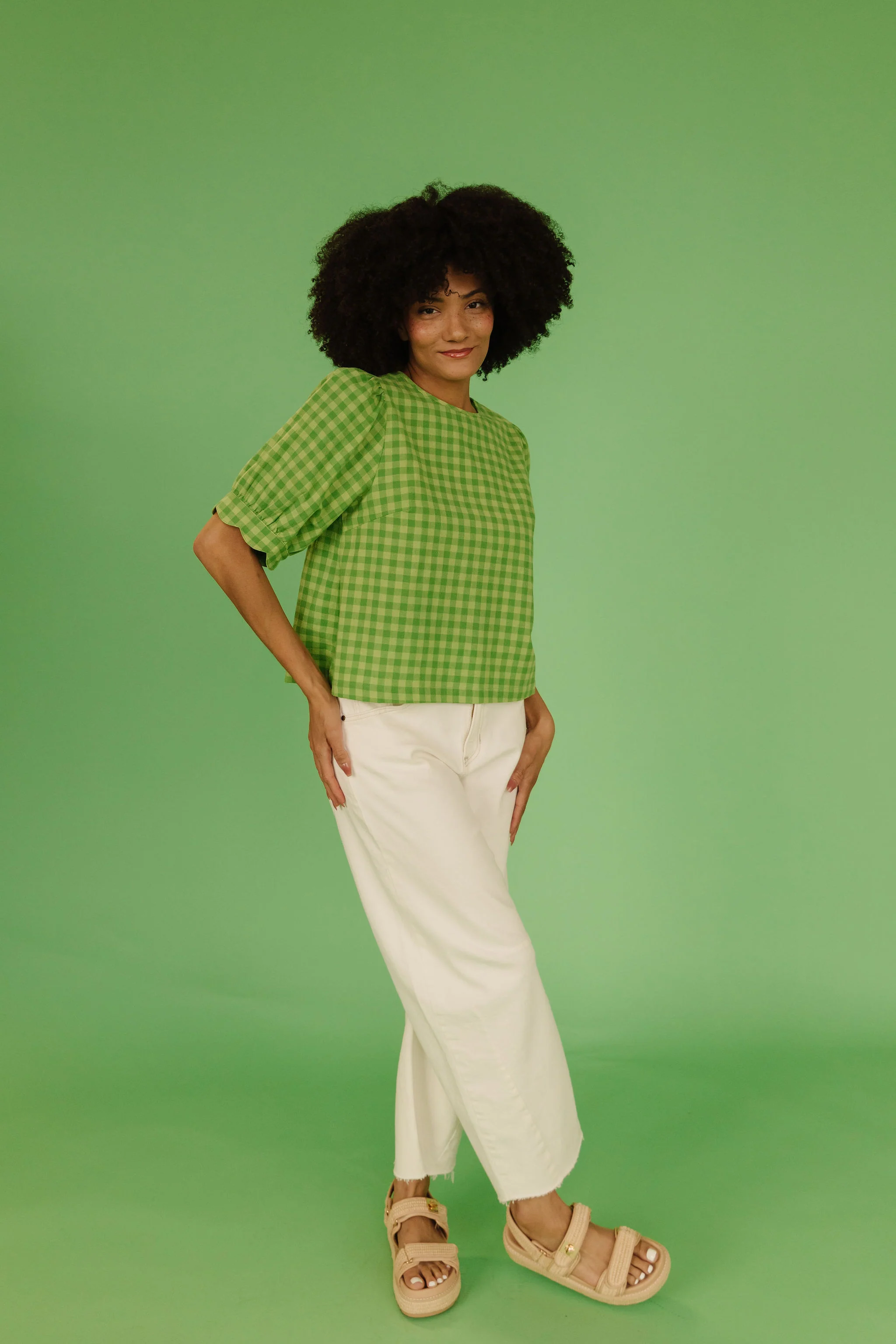 THE LOLA PLAID SCALLOP SLEEVE BLOUSE IN MATCHA - Image 8