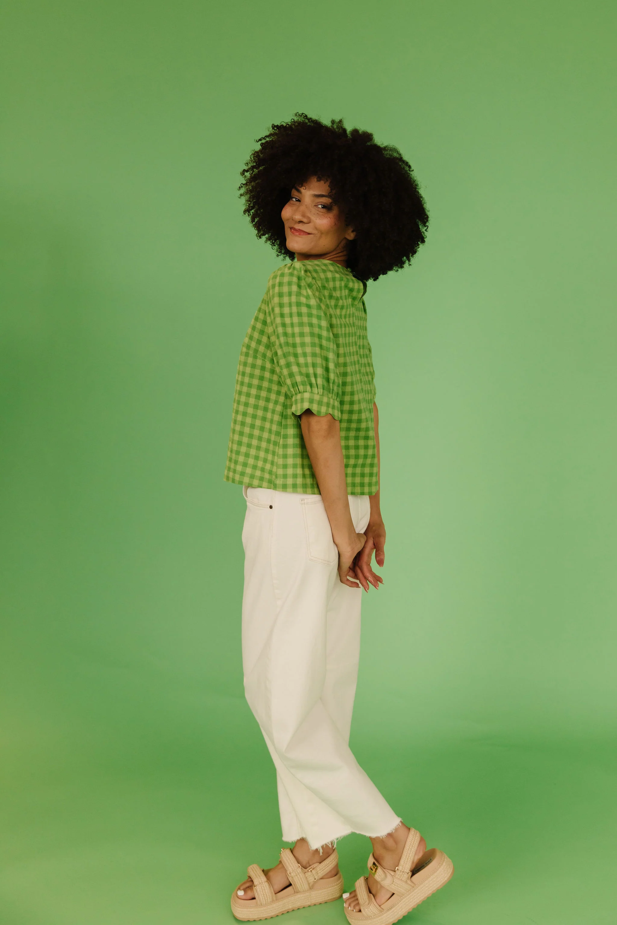 THE LOLA PLAID SCALLOP SLEEVE BLOUSE IN MATCHA - Image 9