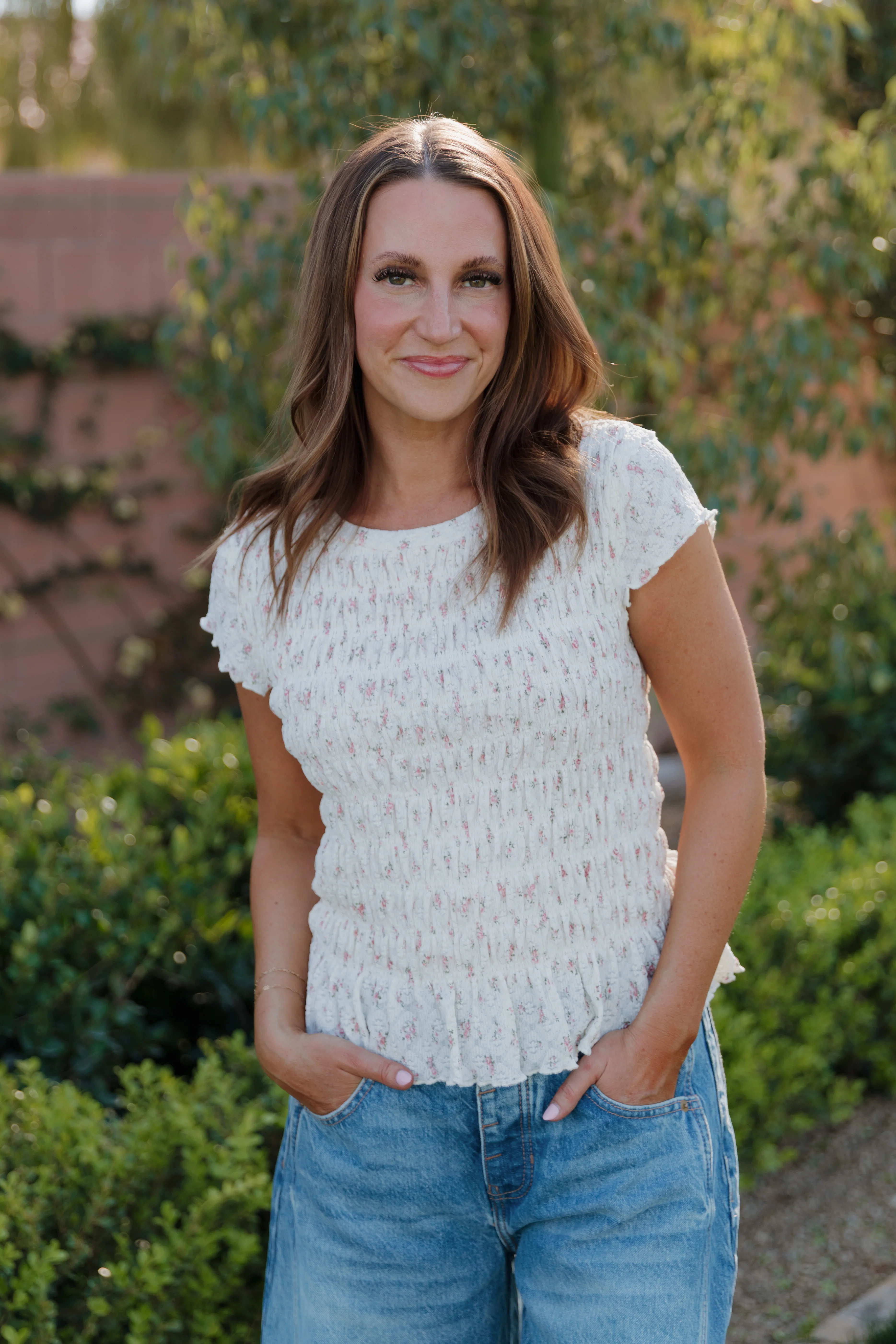 THE MADISON SMOCKED FLORAL TOP IN CREAM - Image 2