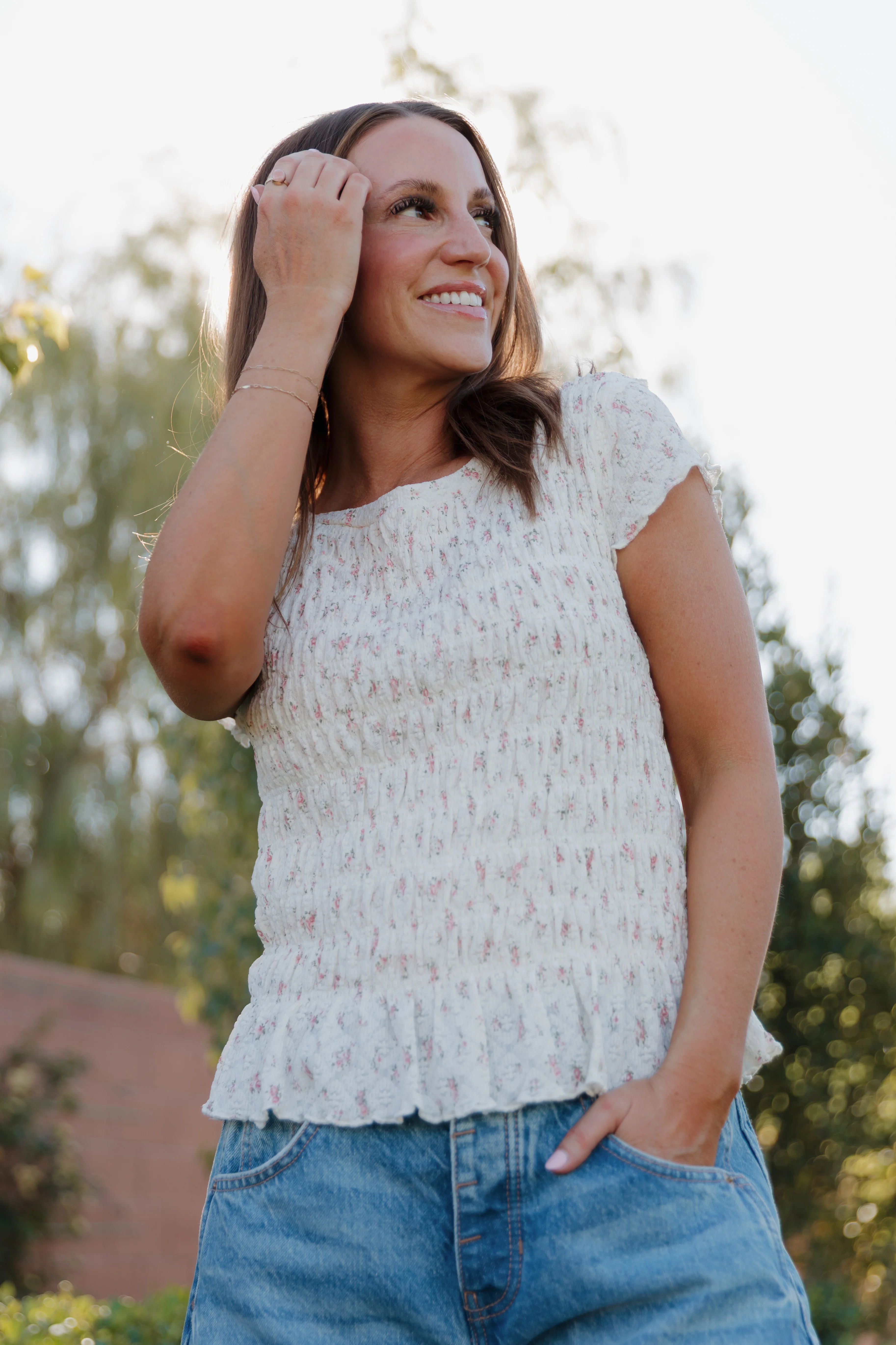 THE MADISON SMOCKED FLORAL TOP IN CREAM - Image 3