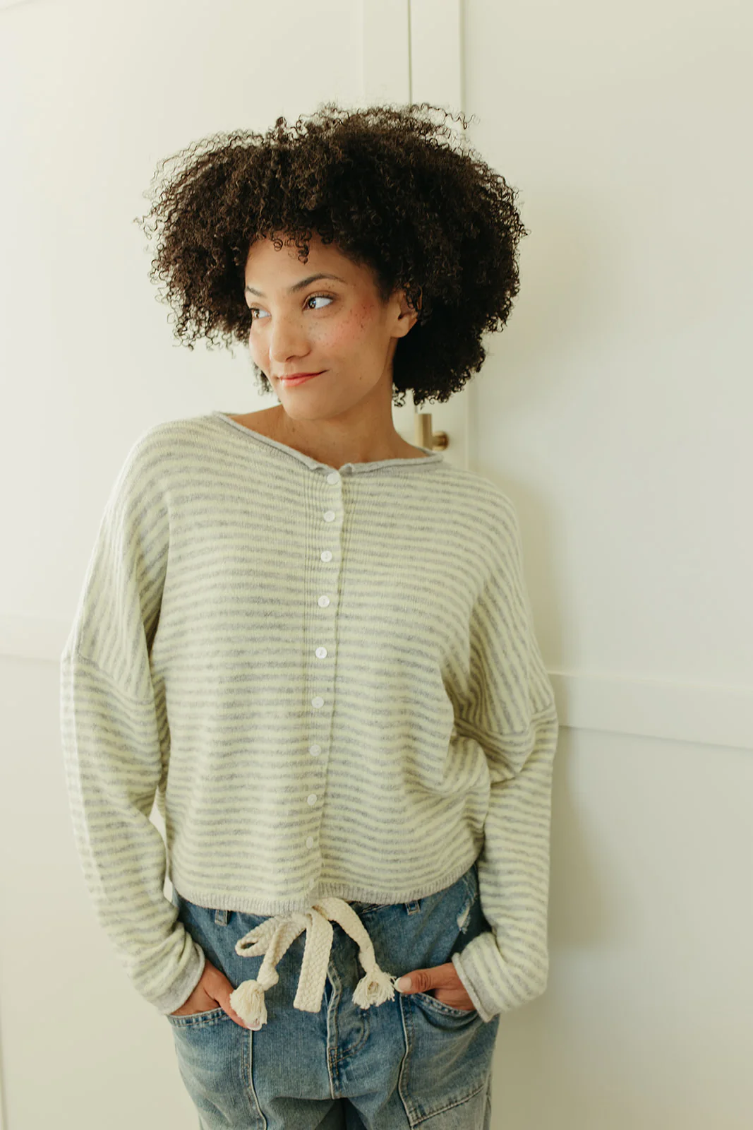 THE MATTI BUTTON DOWN CARDIGAN IN YELLOW STRIPE - Image 2