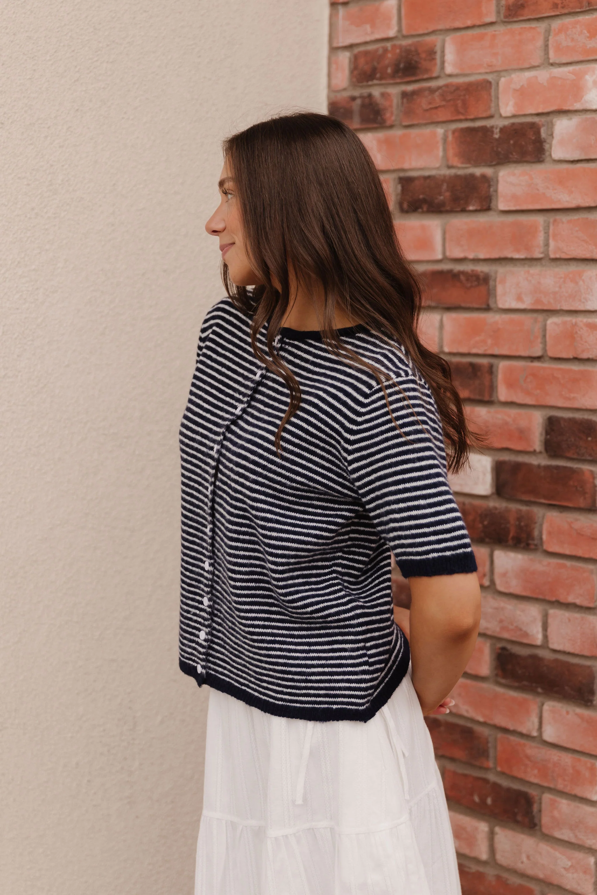 THE MCKAYLA SHORT SLEEVE STRIPED CARDIGAN IN NAVY - Image 7