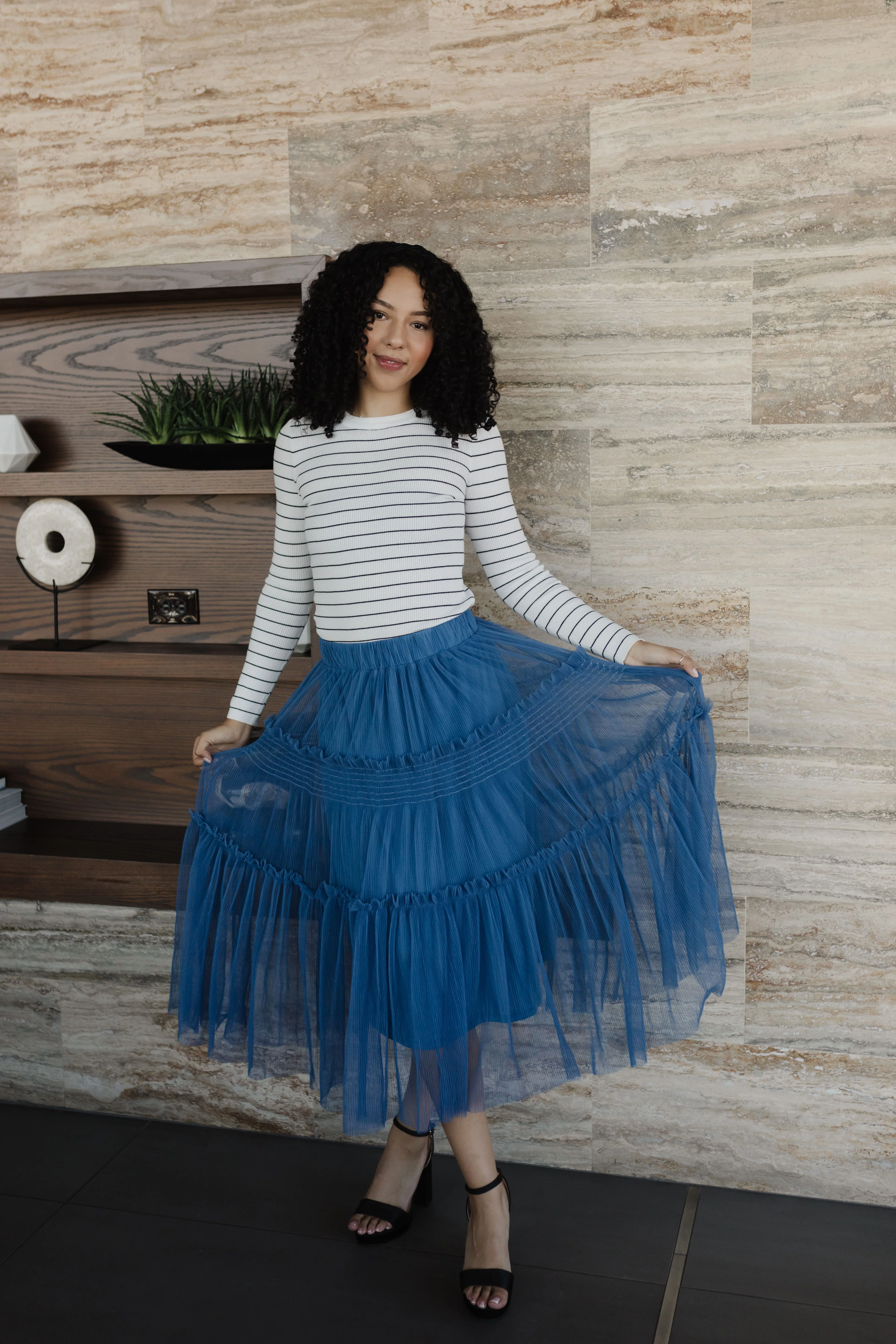 THE MILLIE TULLE TIERED MIDI SKIRT IN ROYAL BLUE - Image 2