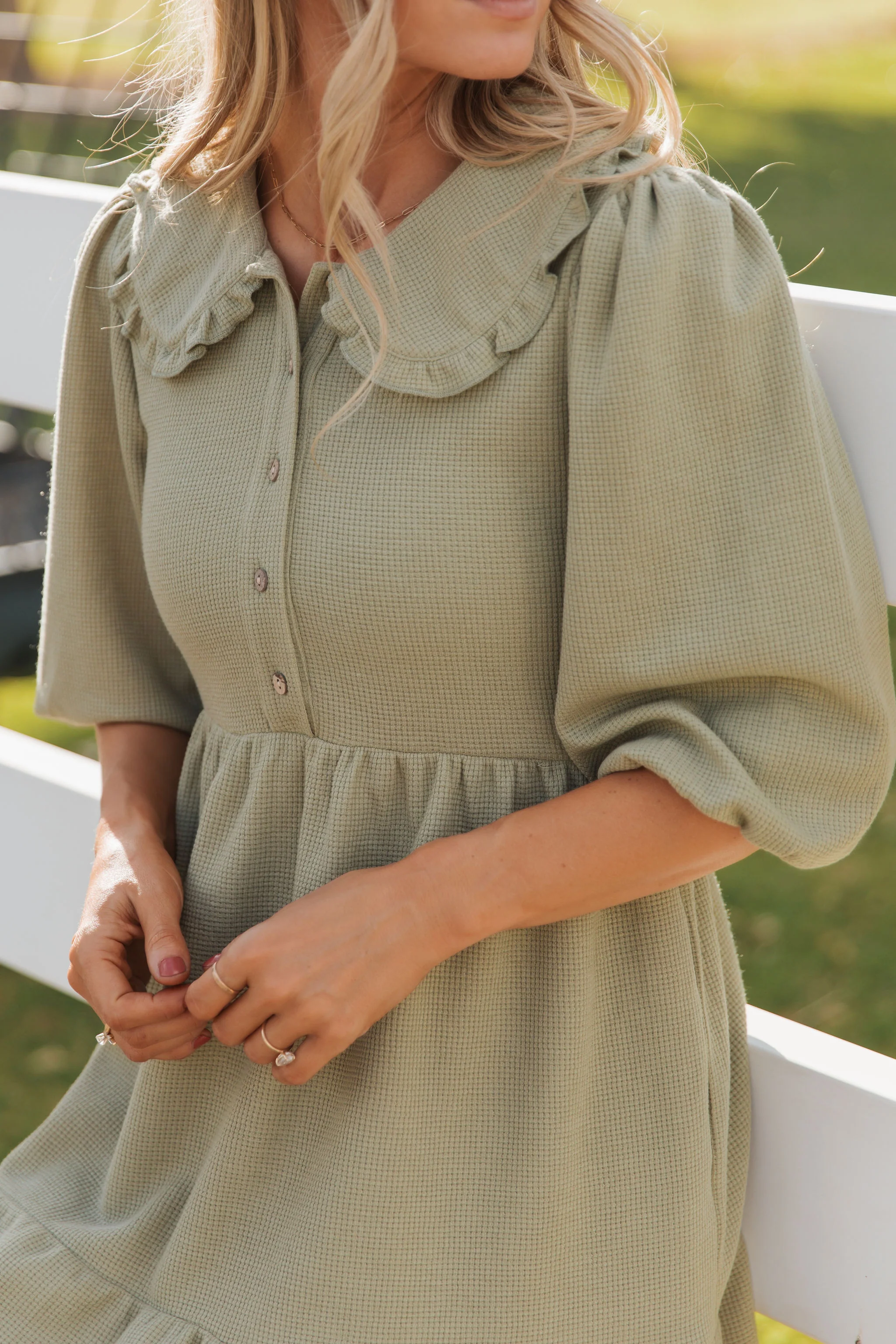 THE MIRANDA BIB COLLAR DRESS IN OLIVE - Image 3