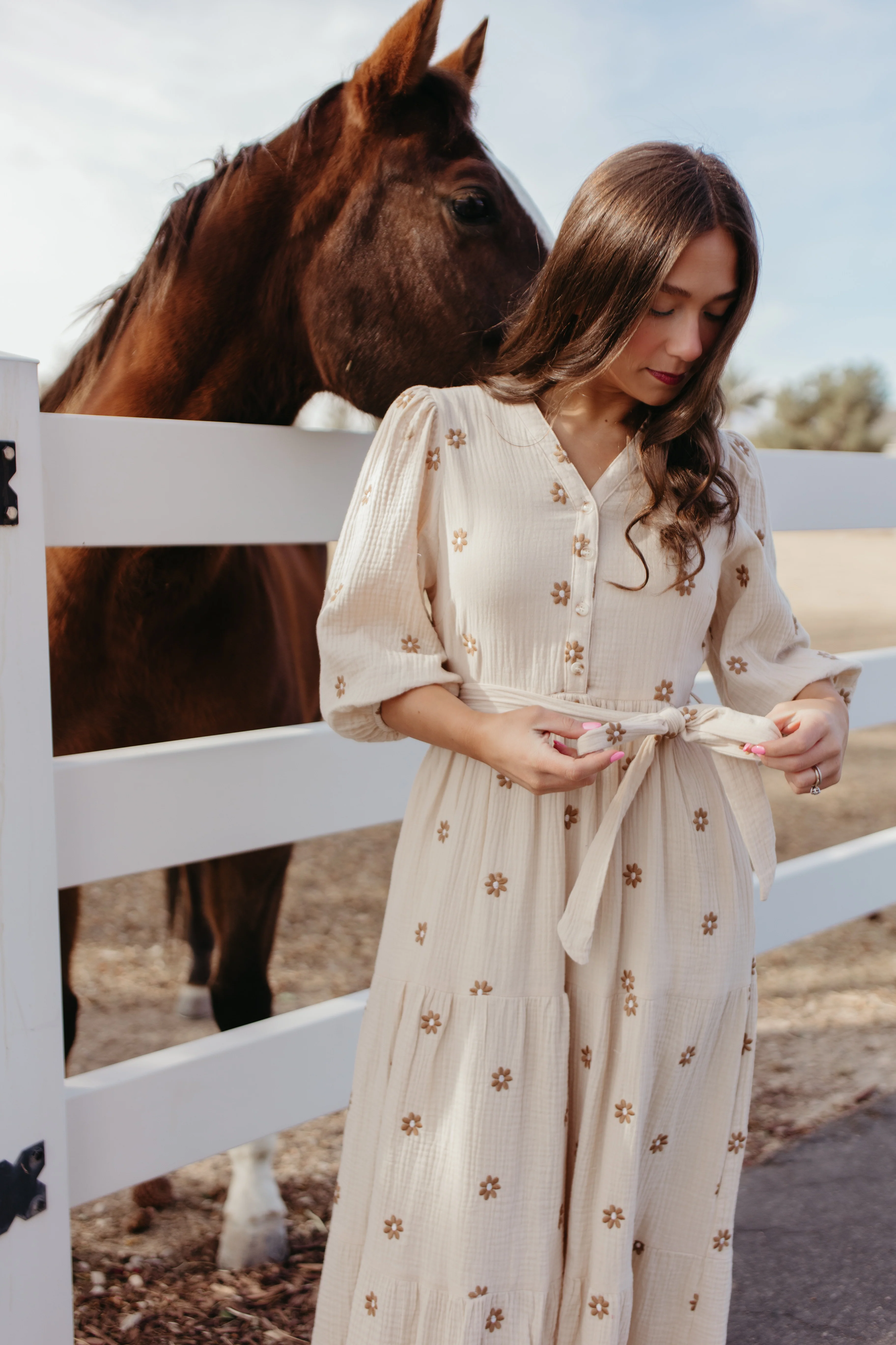 THE MONICA EMBROIDERED FLOWER DRESS IN TAUPE - Image 4