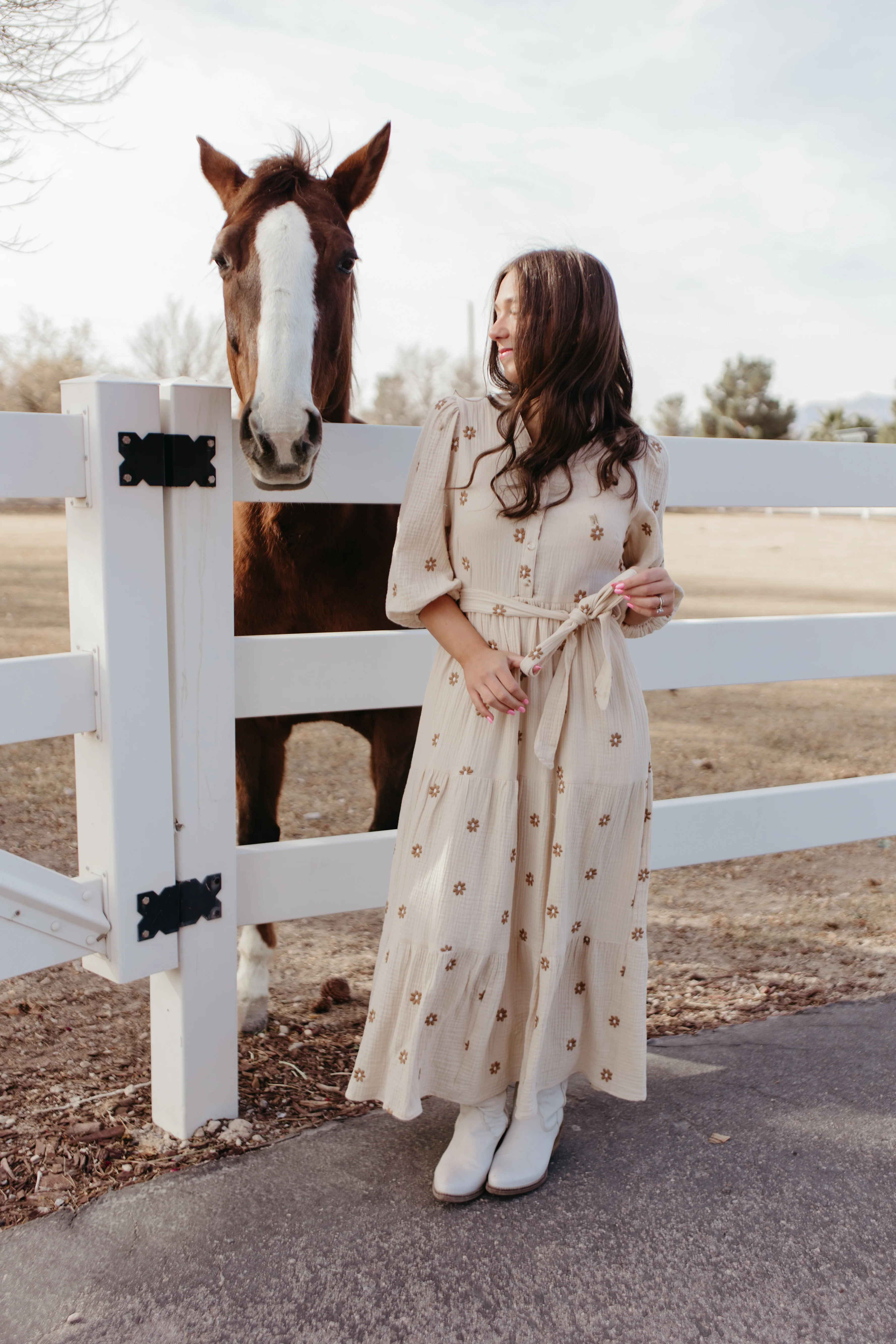 THE MONICA EMBROIDERED FLOWER DRESS IN TAUPE - Image 5