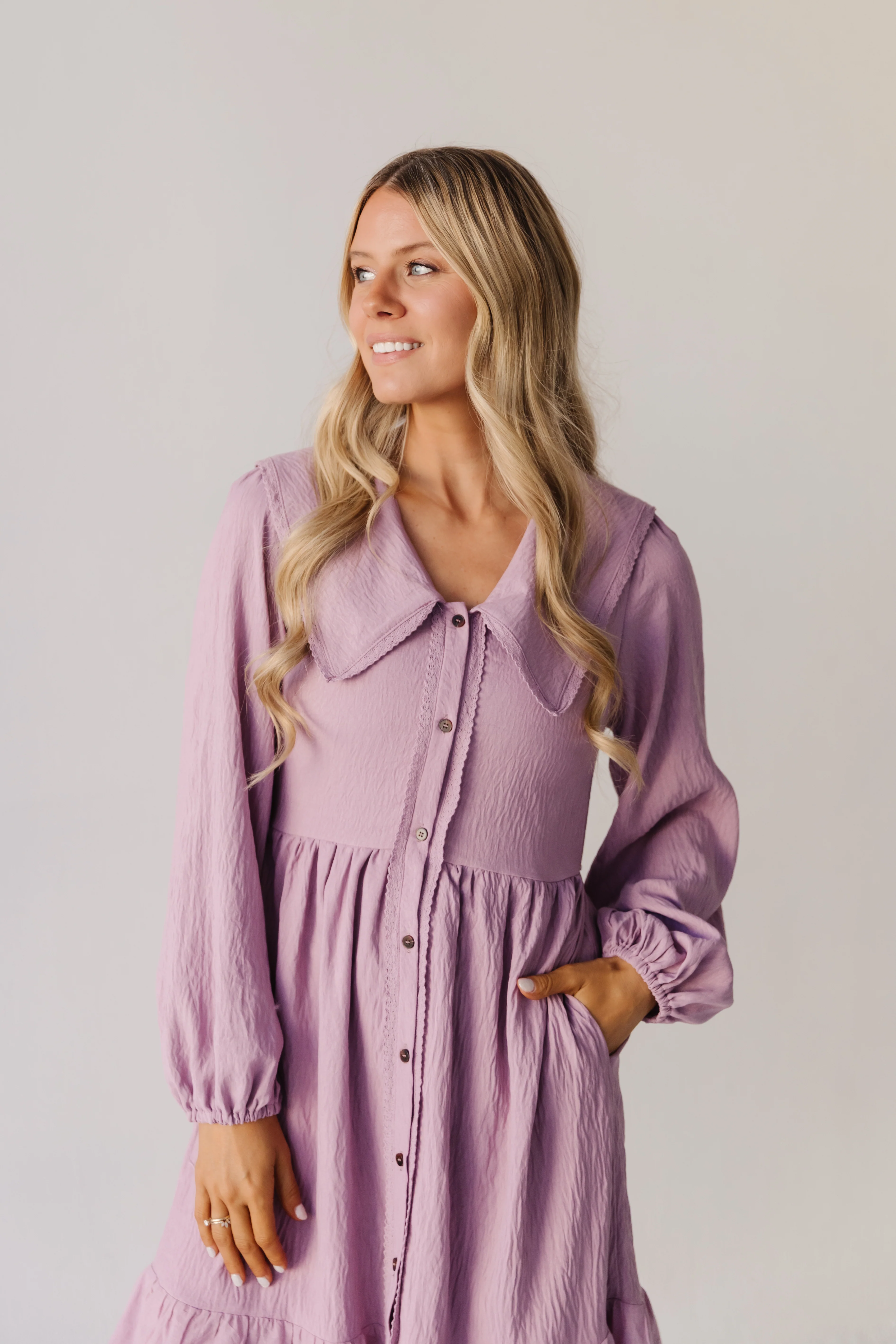 THE NATASHA EYELET TRIM COLLAR DRESS IN MAUVE - Image 2