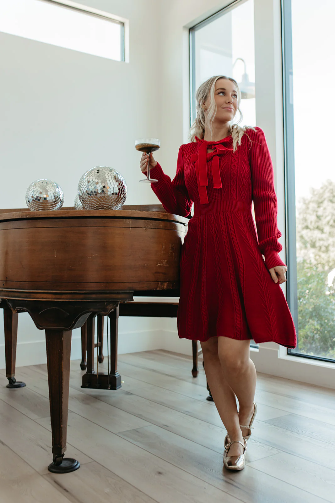 THE NOELLE VELVET BOW SWEATER DRESS IN RED - Image 3