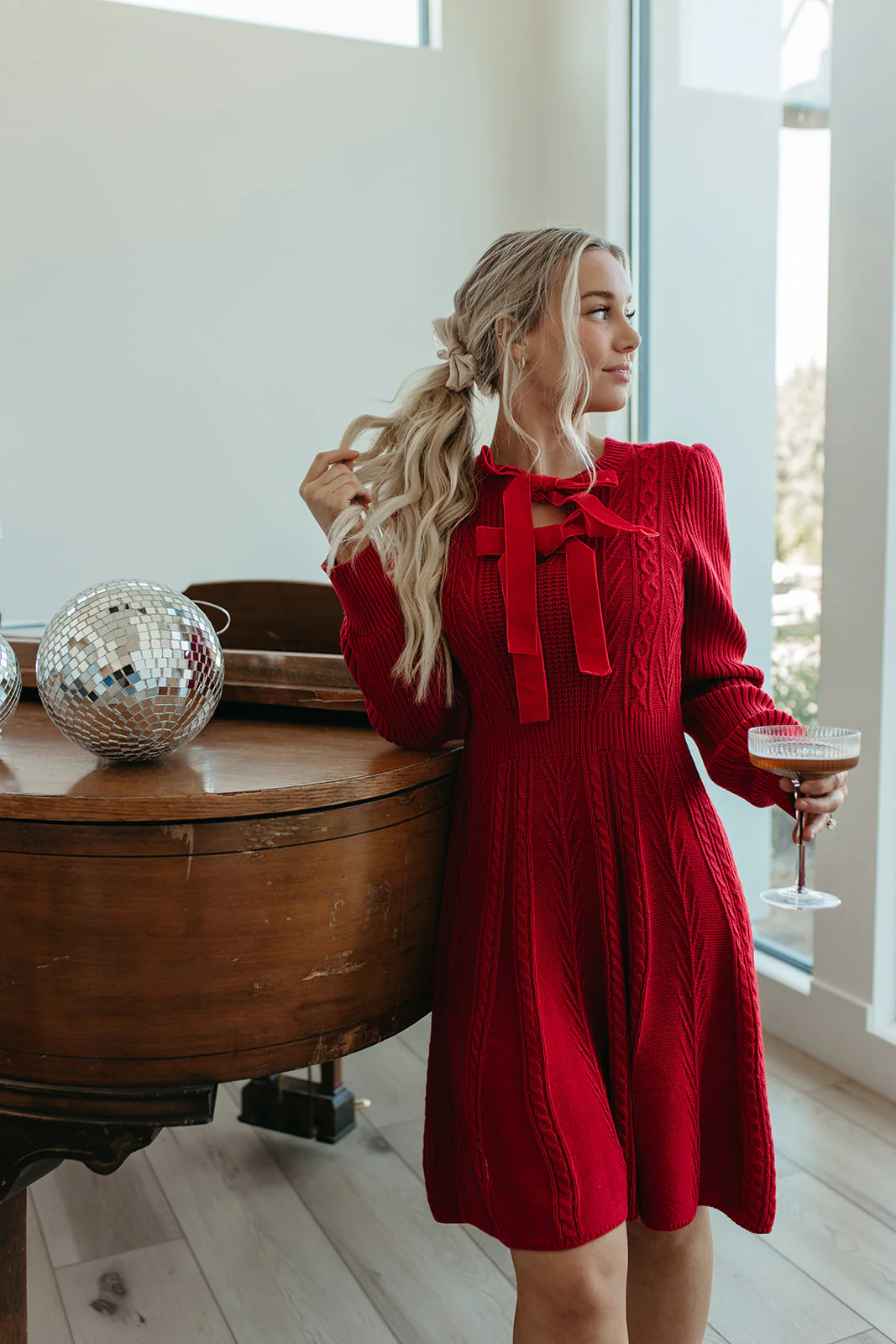 THE NOELLE VELVET BOW SWEATER DRESS IN RED - Image 5