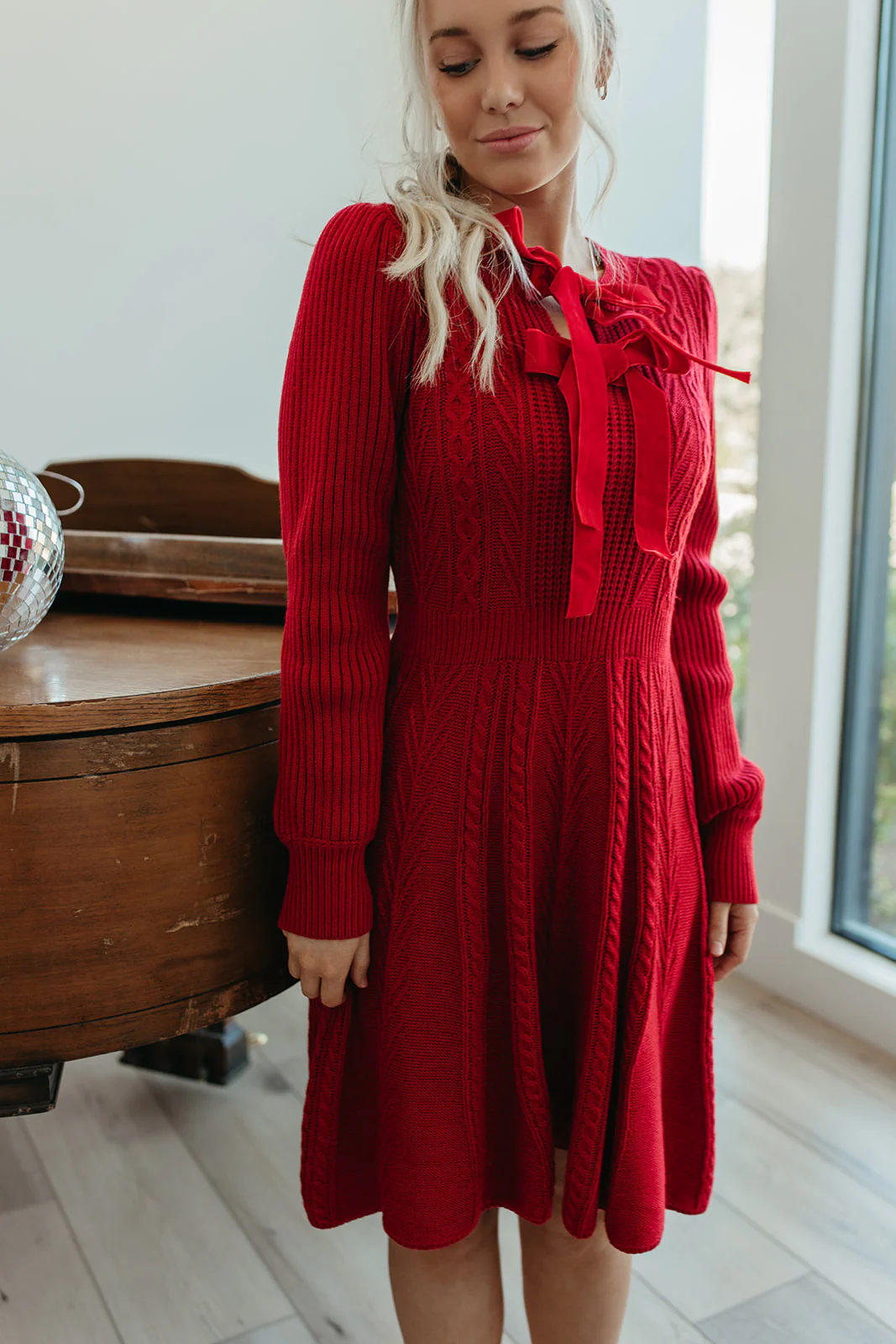 THE NOELLE VELVET BOW SWEATER DRESS IN RED - Image 7