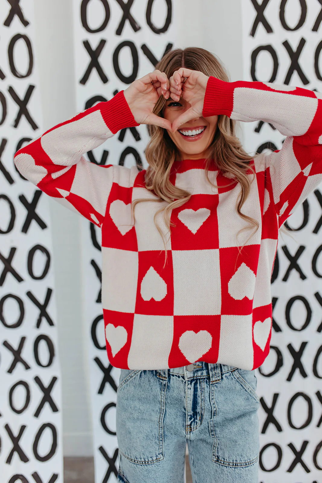 THE RAMONA CHECKERED HEART SWEATER IN RED - Image 3
