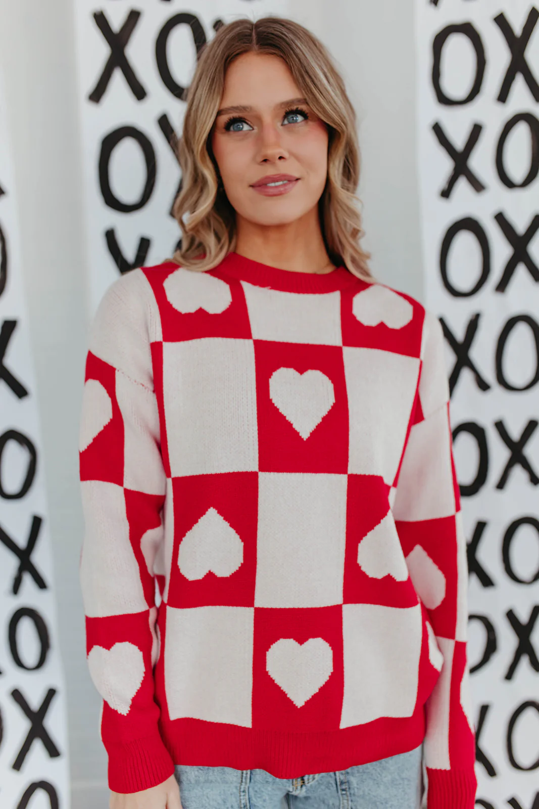 THE RAMONA CHECKERED HEART SWEATER IN RED - Image 4