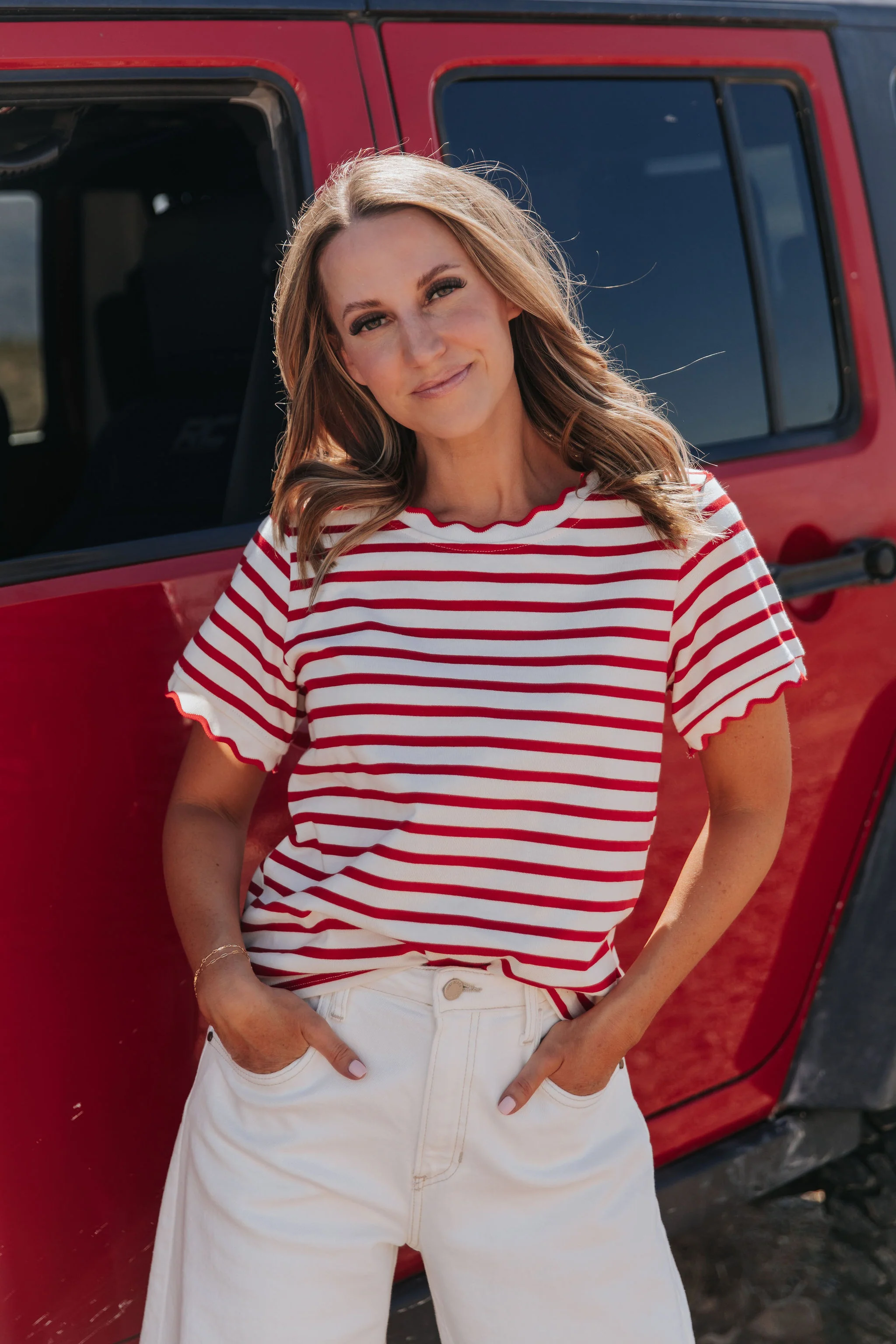 THE RORY SCALLOPED STRIPE TOP IN RED - Image 12