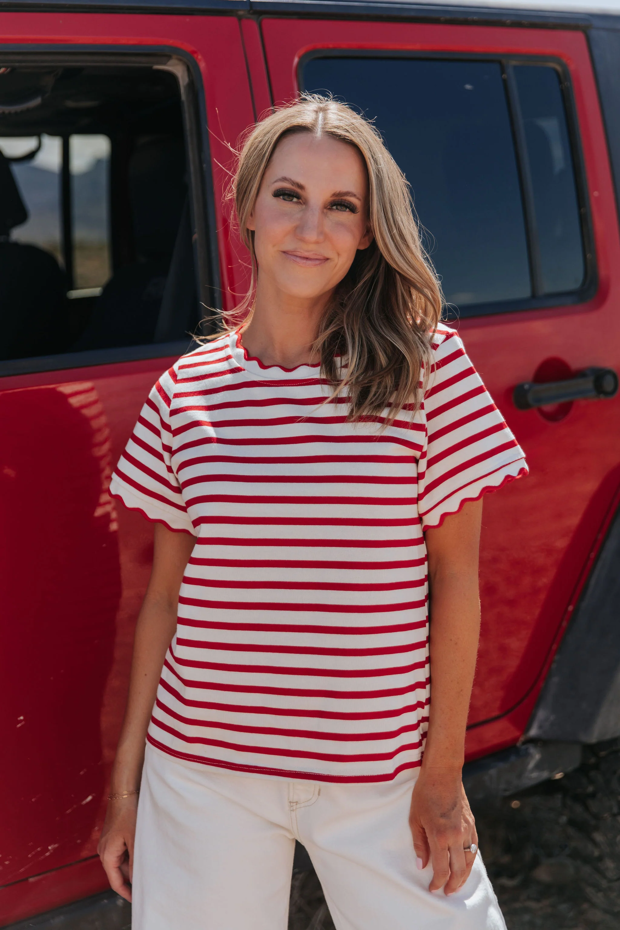 THE RORY SCALLOPED STRIPE TOP IN RED - Image 14