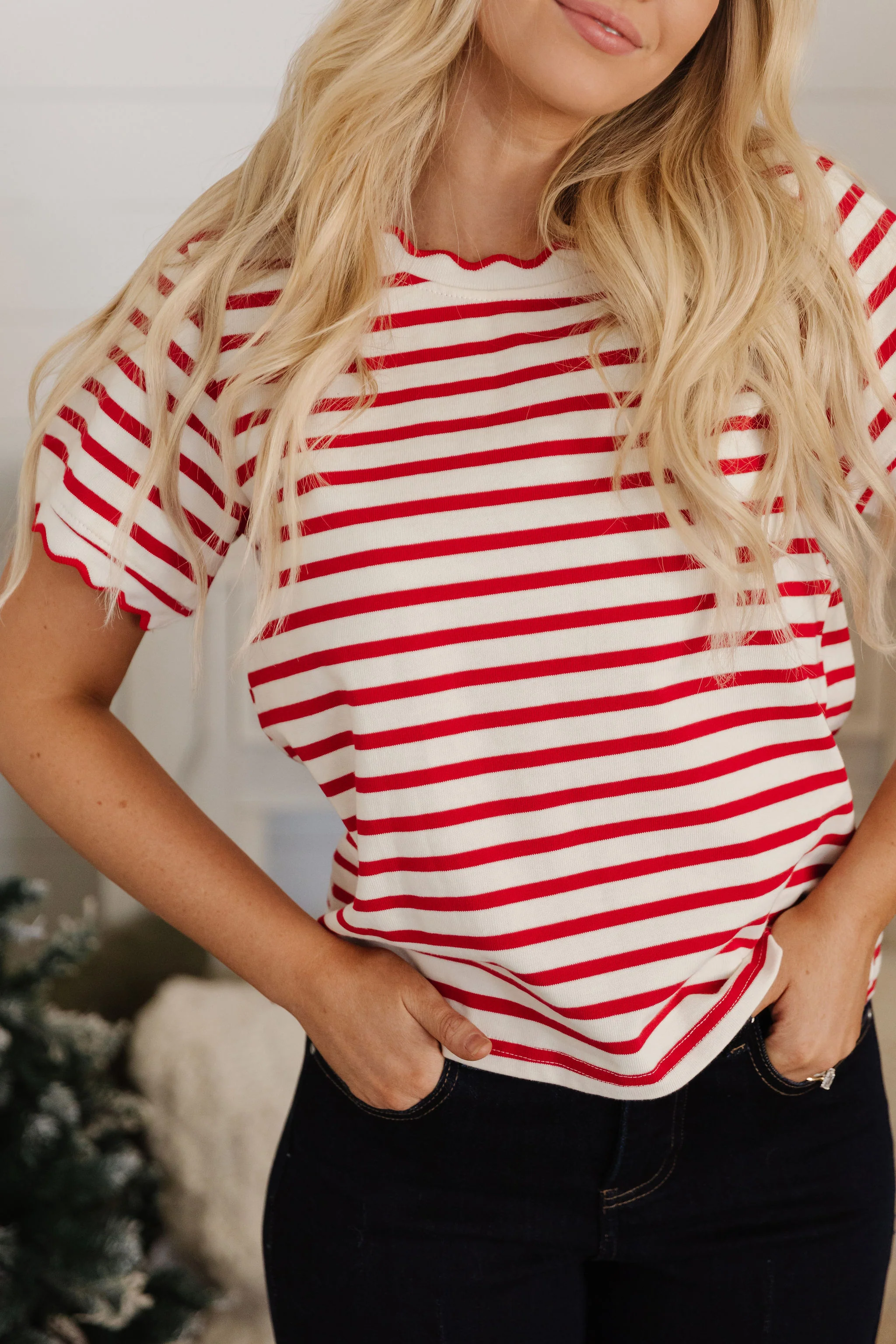THE RORY SCALLOPED STRIPE TOP IN RED - Image 6