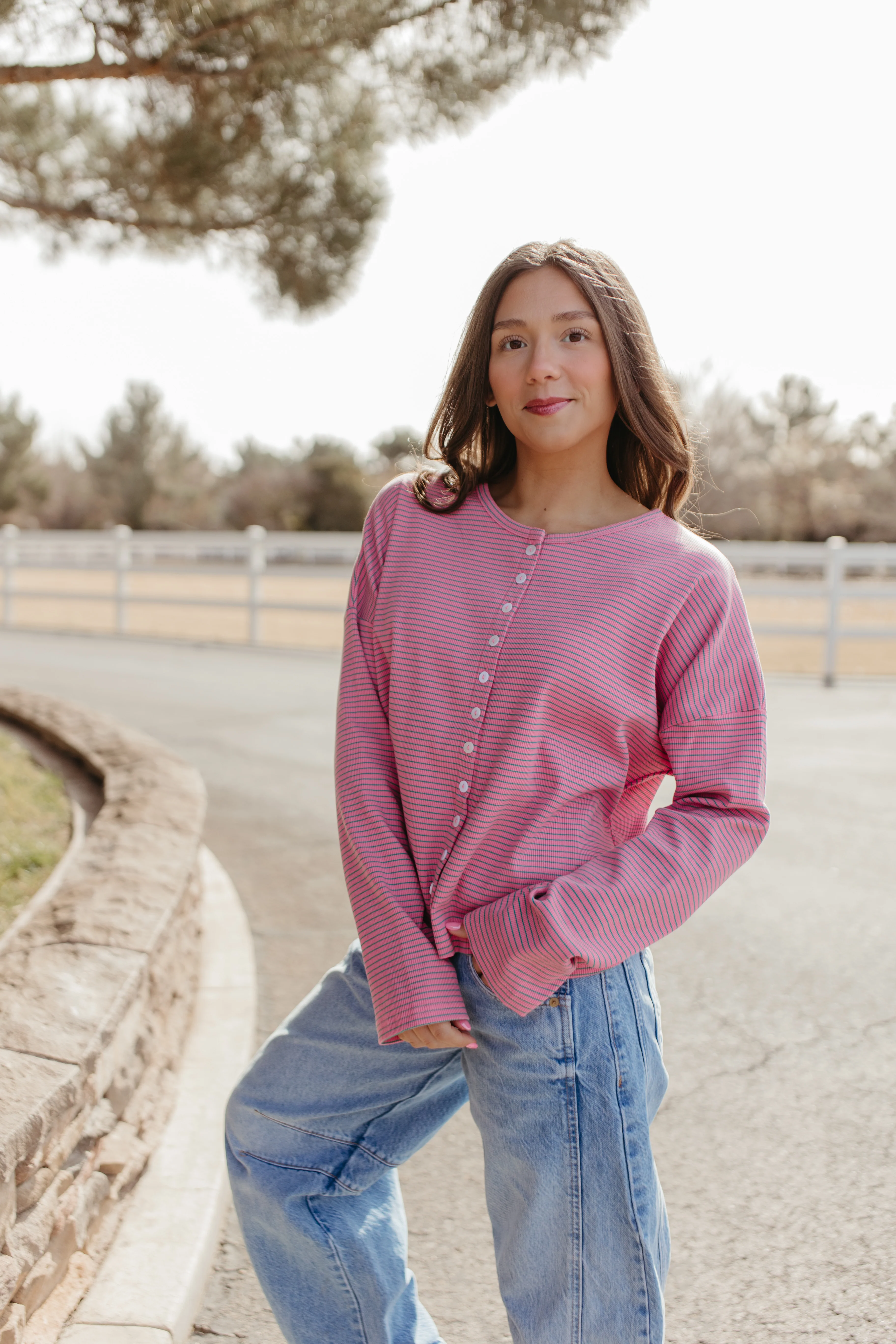 THE RYLEE RIBBED CARDIGAN IN PINK MINI STRIPE