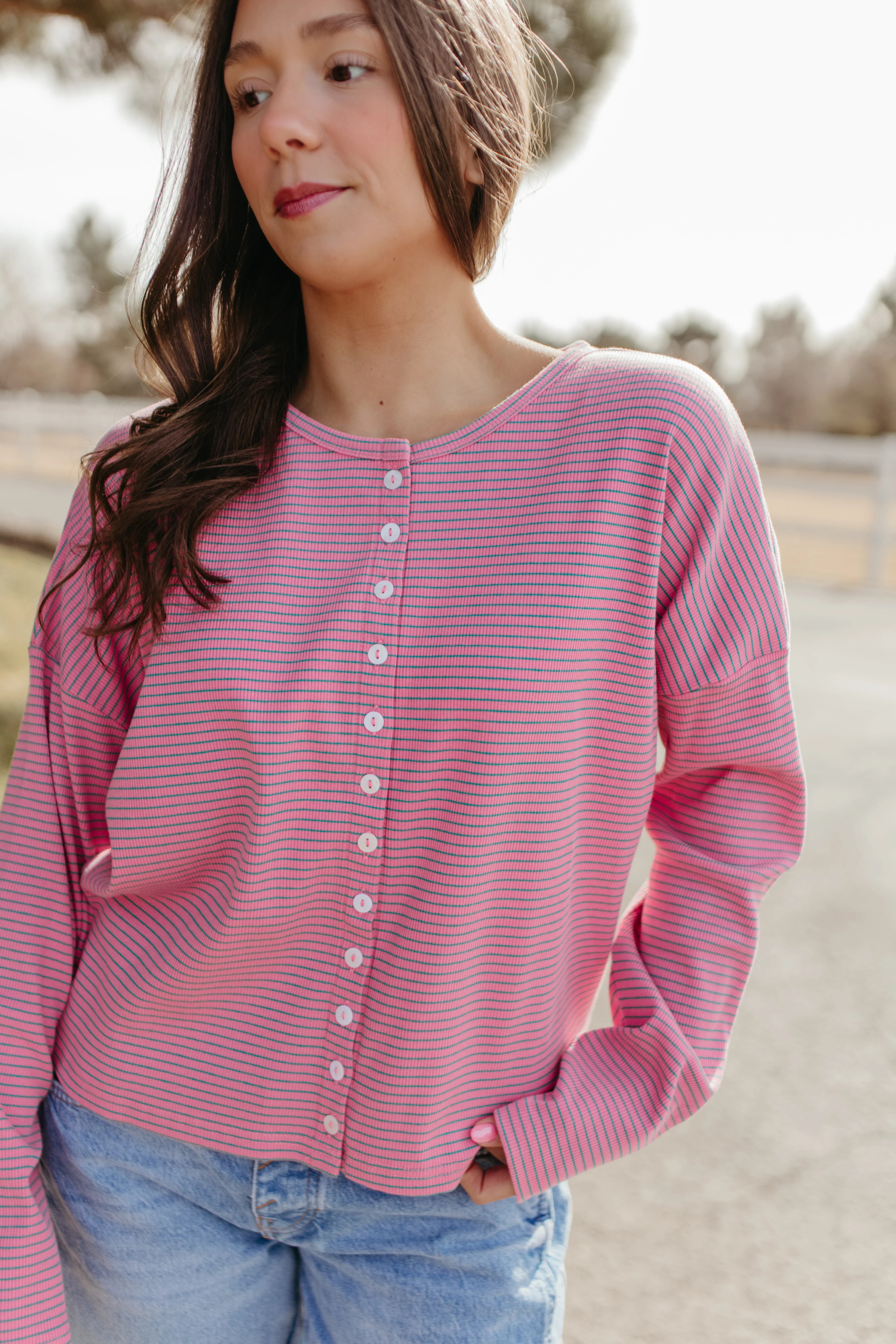 THE RYLEE RIBBED CARDIGAN IN PINK MINI STRIPE - Image 8