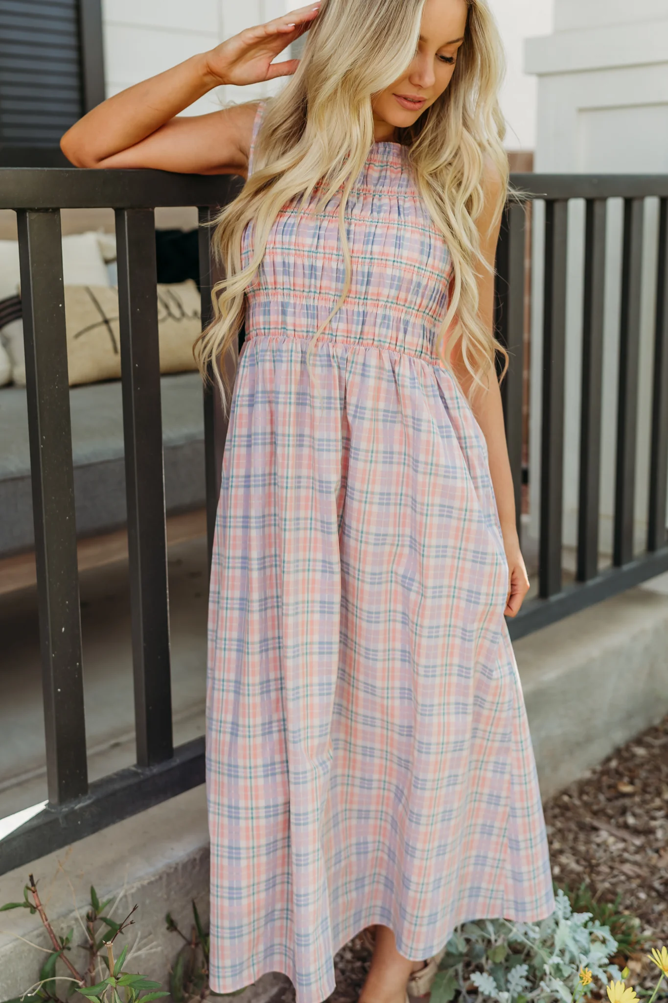 THE SAVANNAH SMOCKED PLAID DRESS IN CORAL - Image 2